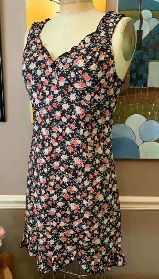 SHEIN Cottagecore Black Rose Print Sleeveless Ruffle Dress Large