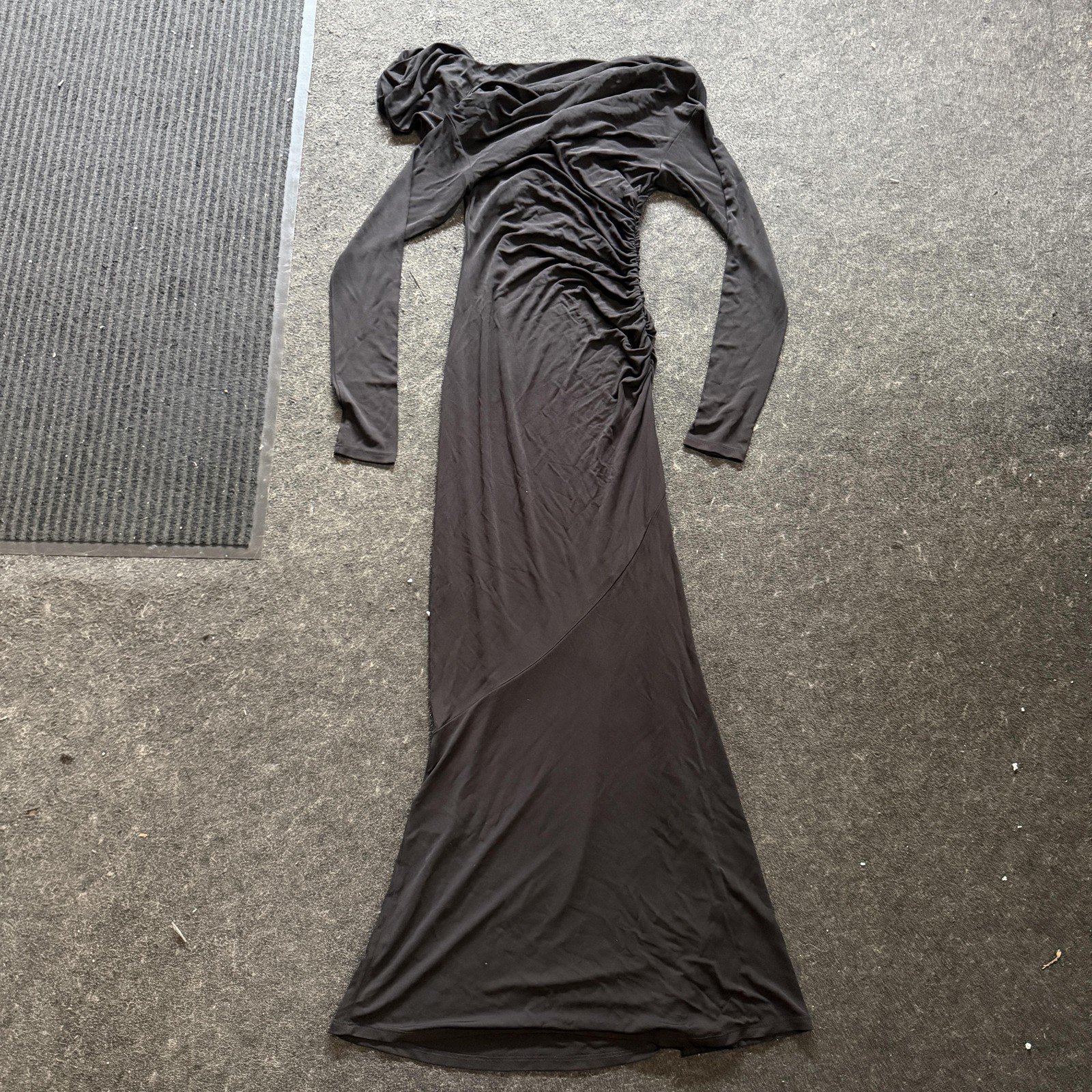 Zara Dress Womens Small Black Long Sleeve Cowl Neck Ruched Bodycon Maxi Gown