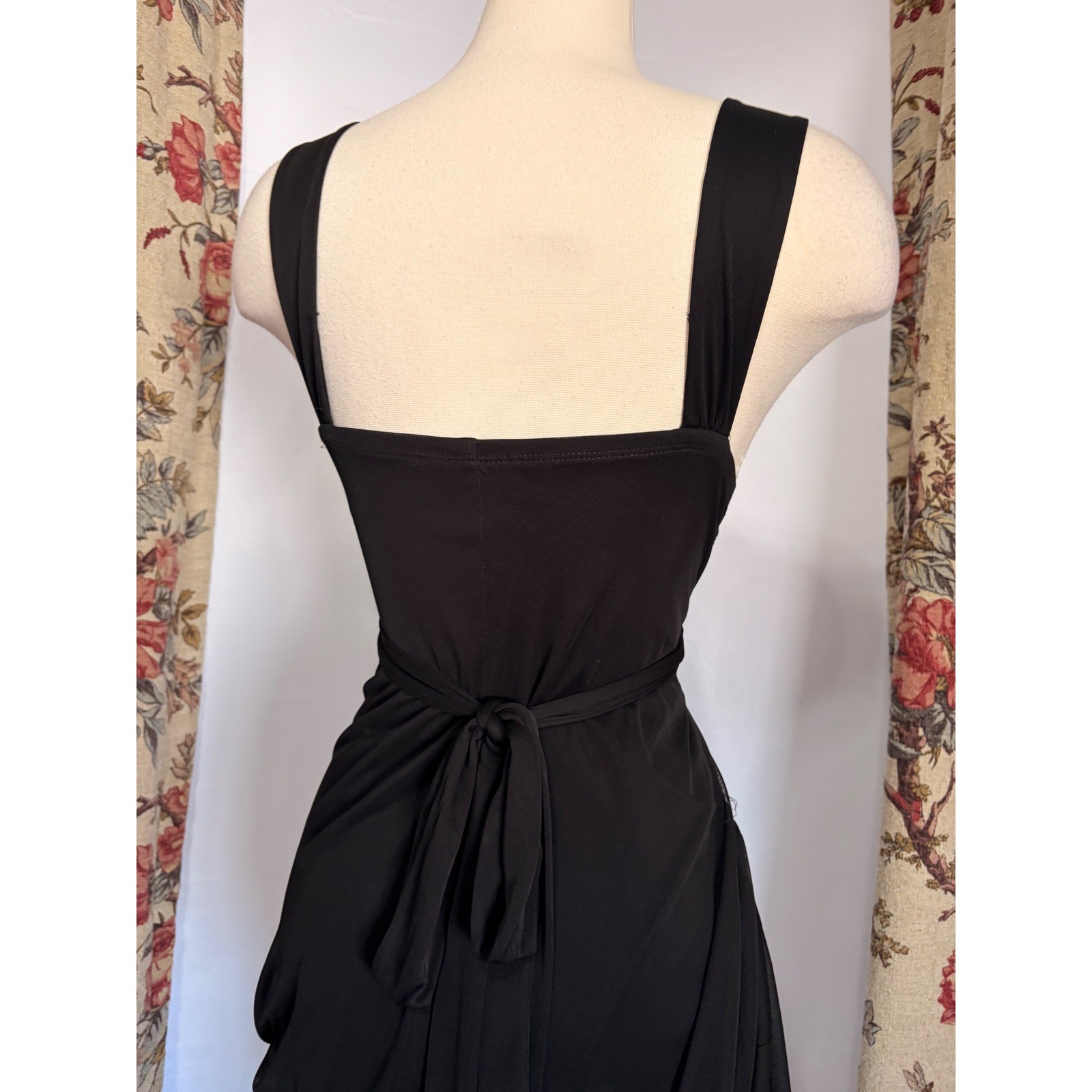 Connected Apparel Gorgeous flowy black gown with draping and beaded detailing