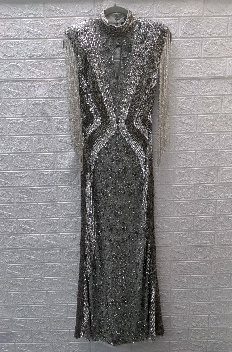 New Karen Millen Embellished Beaded Cap Sleeve Woven Maxi Dress Silver Size 6P