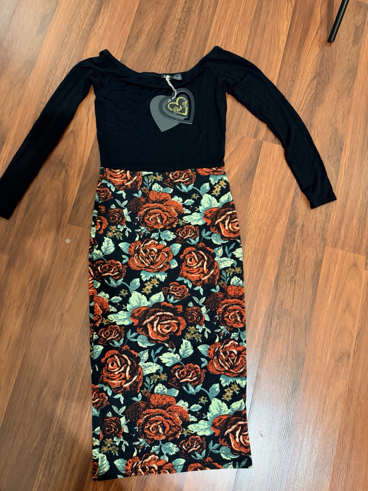 New black floral bodycon midi dress, long sleeves, fitted,NWT.size UK8 (US4)
