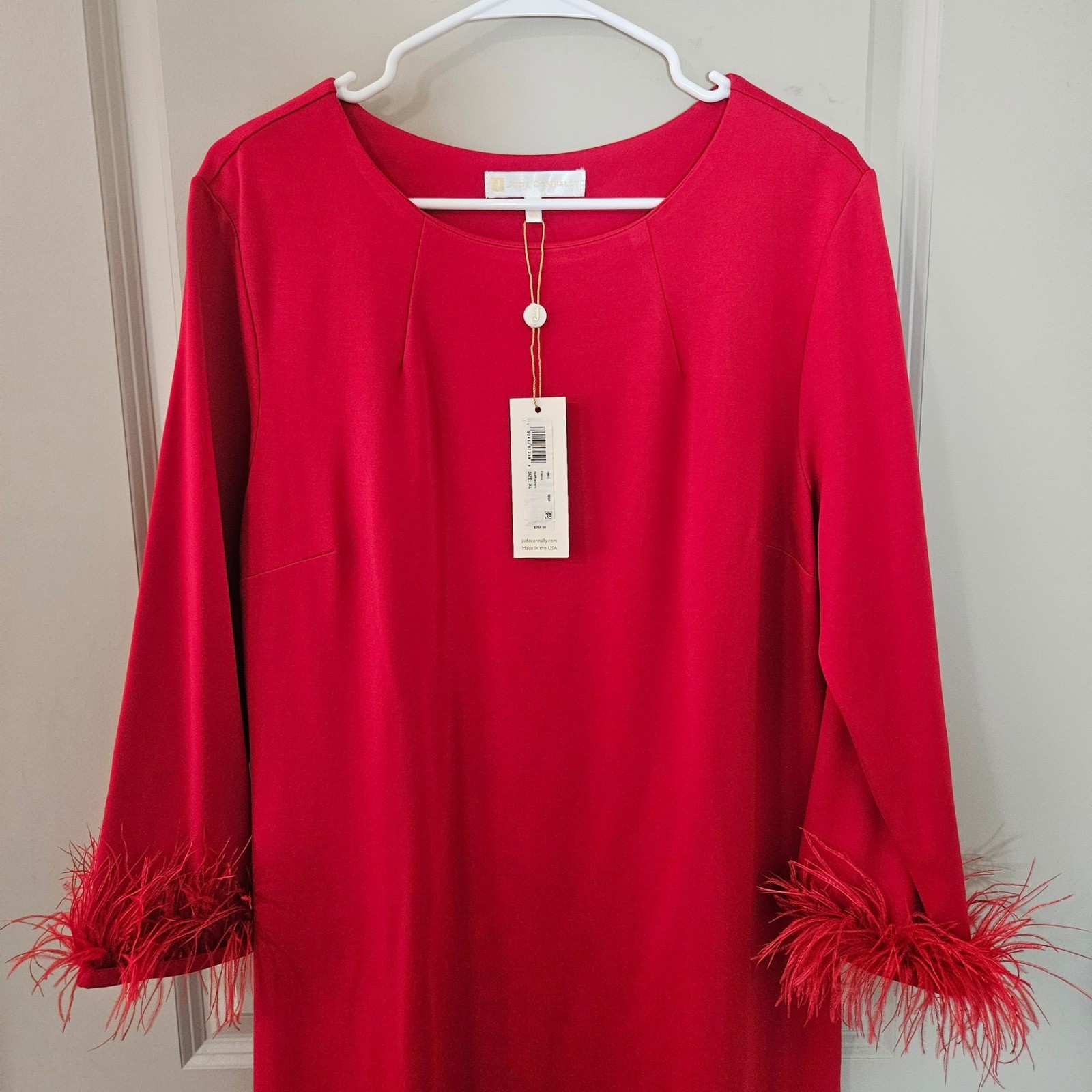 Jude Connally Franca Red Feather Cuff Dress Womens XL Long Sleeve Holiday NEW