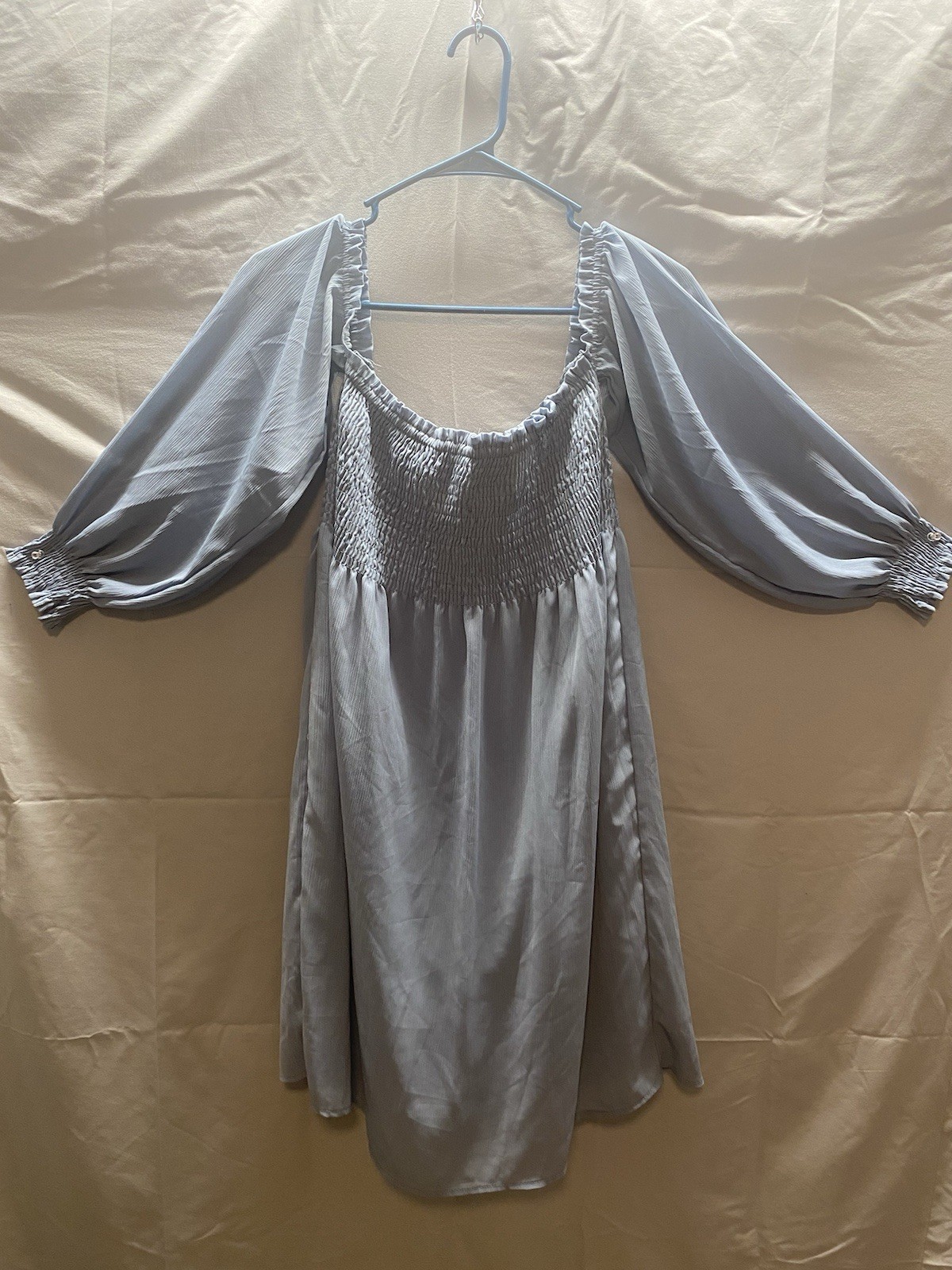 Rebellion Women’s L Blue Solid Smocked Square Neck 3/4 Puff Sleeve A-Line Dress