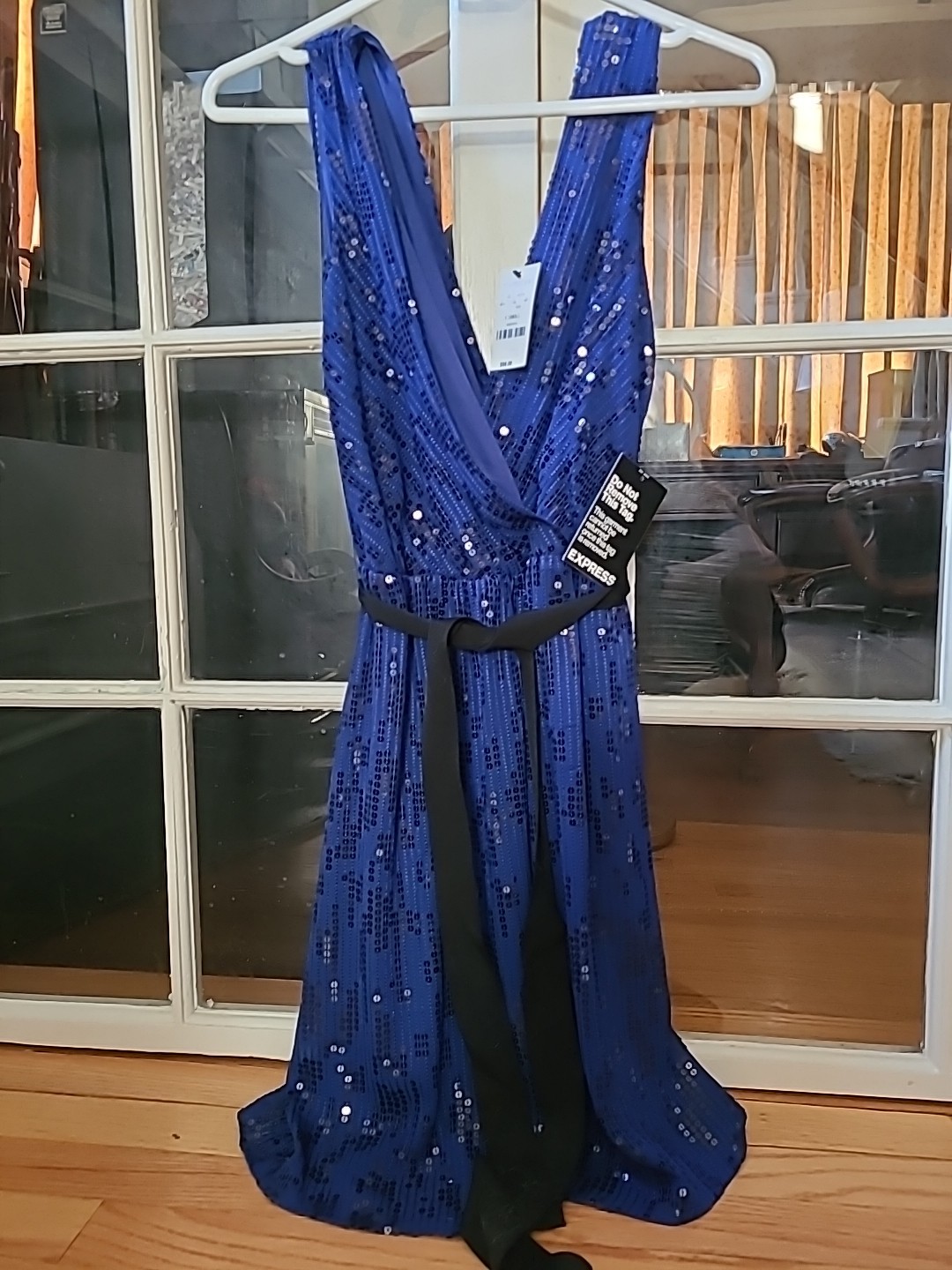 Cocktail Dress Sparkle Blue Low Cut BNWT W/ Black Waist Tie Belt XS