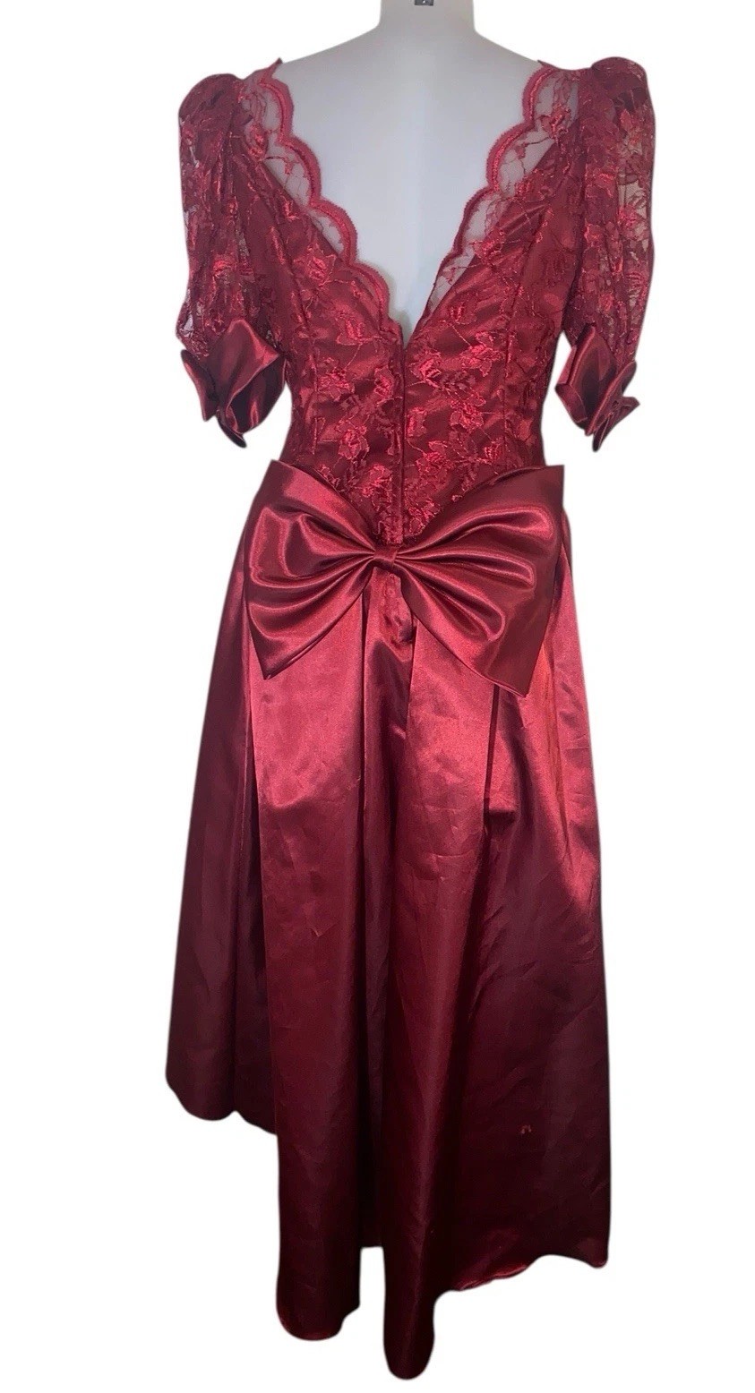 Vtg 80s Womens Victorian Burgundy Lace Bow Retro Whimsigoth Dress Sz M/L FLAW