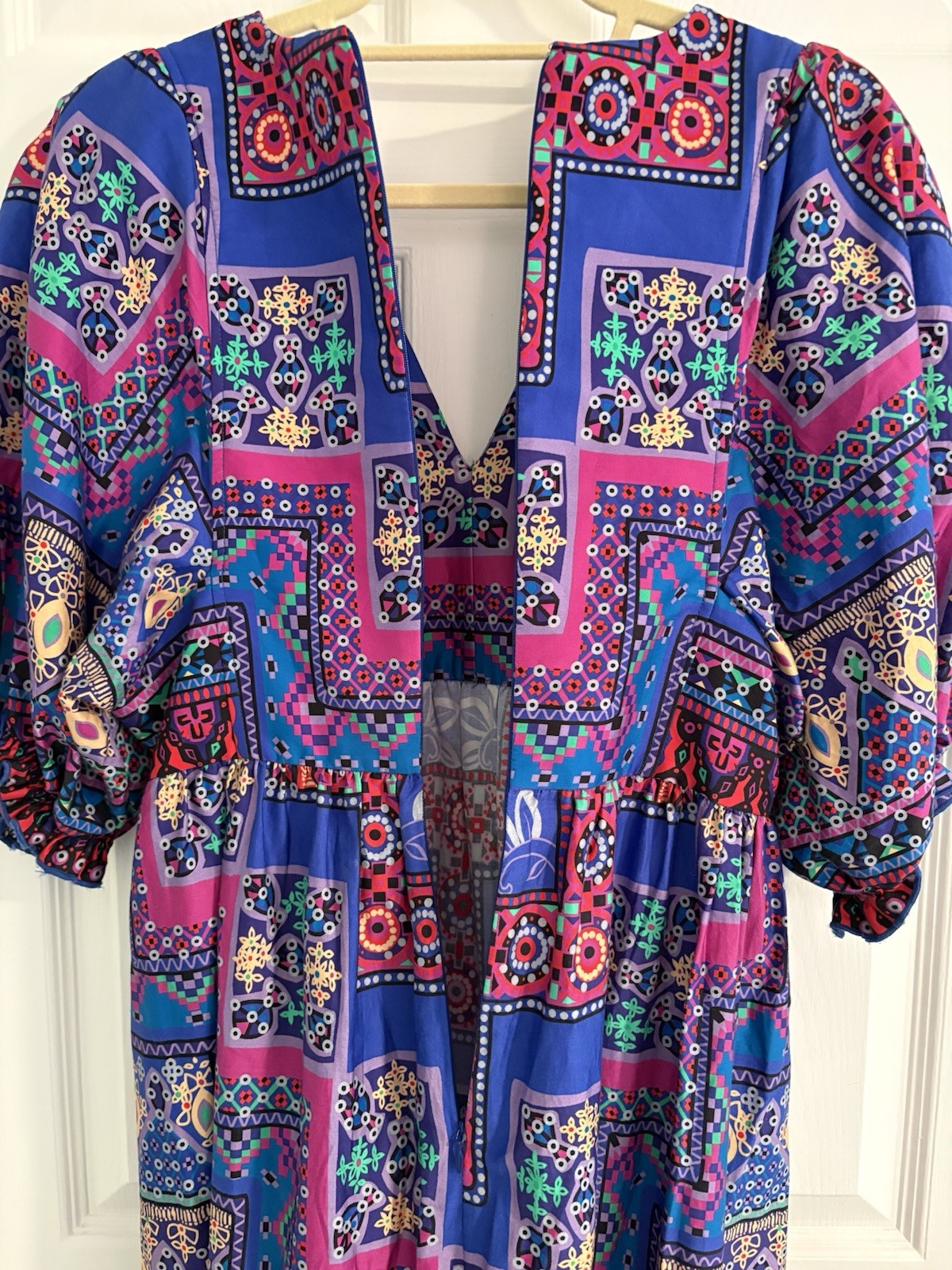 Hunter Bell Palmer Dress Puff Sleeve Midi Multi Talavera Patchwork Sz Small EUC
