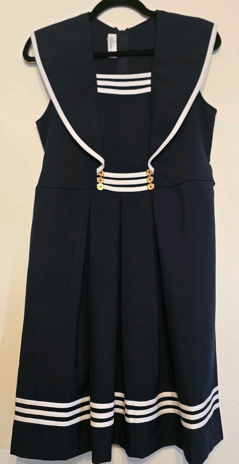 Bonnie Jean Nautical Sailor Dress Womens L Navy Blue Retro Pinup White Stripes