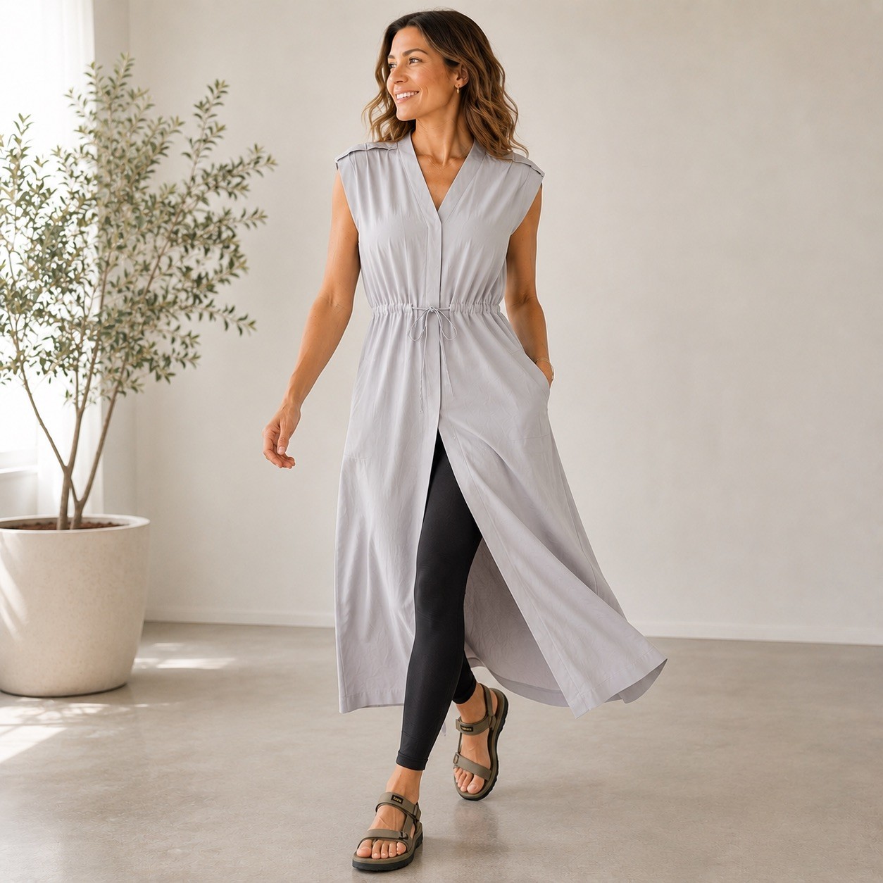 Athleta Mara Maxi Button Down Athleisure Travel Dress Pockets Light Gray Size S