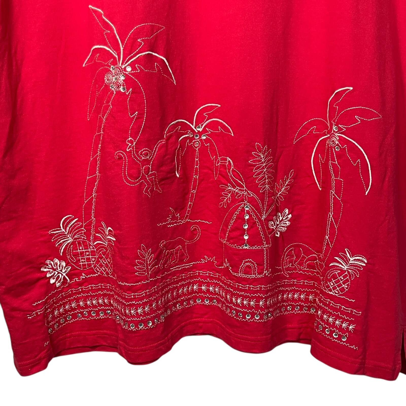 Quacker Factory Tunic Dress 2X Plus Red Tropical Embroidered Rhinestone Top