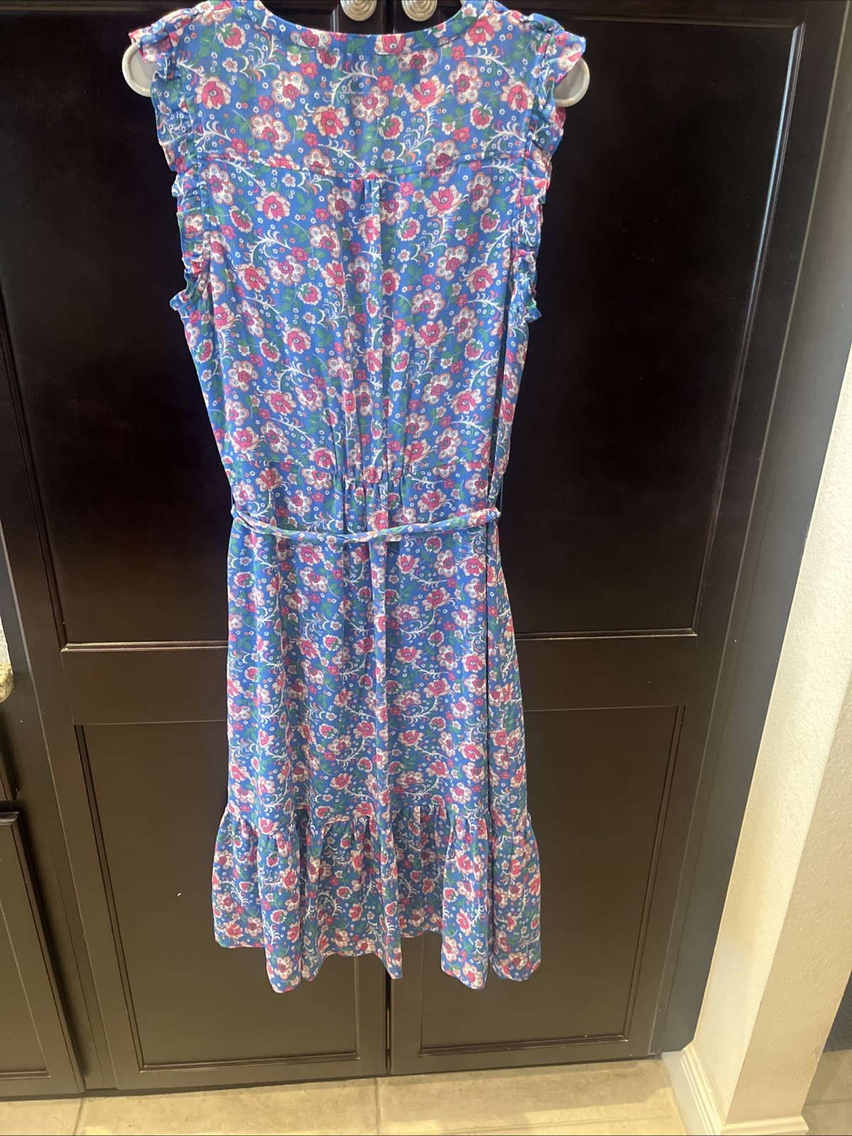 Boden Blue Floral Ruffled Midi Dress With Side Zip And Front Tie Size 8