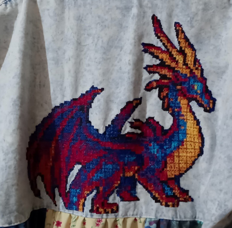 Rainbow Dragon upcycled dress patchwork OOAK 1XL- 2XL (chest 52″) cross-stitch