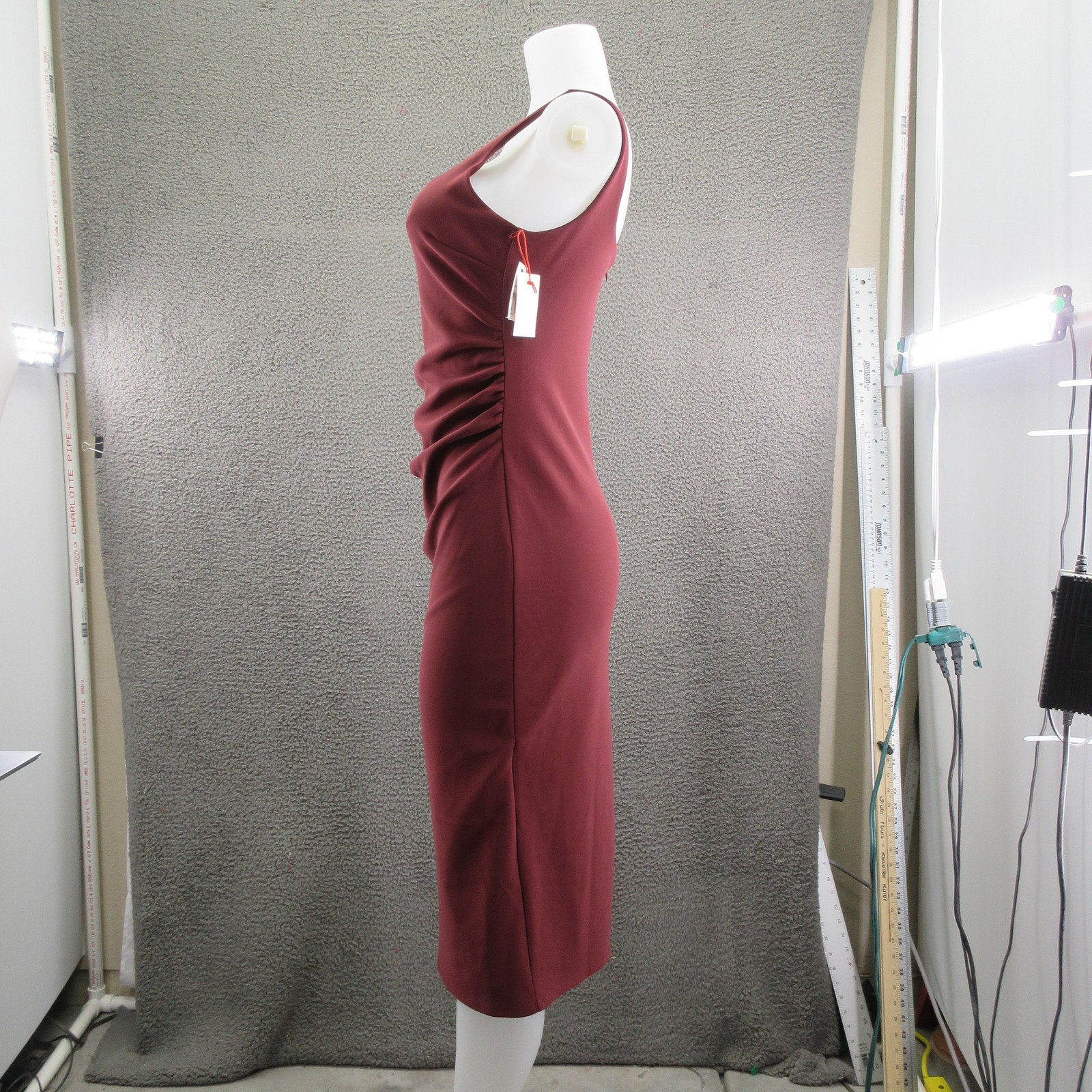 Open Edit Dress Womens Small Burgundy Midi Ruched Bodycon Sleeveless Square Neck
