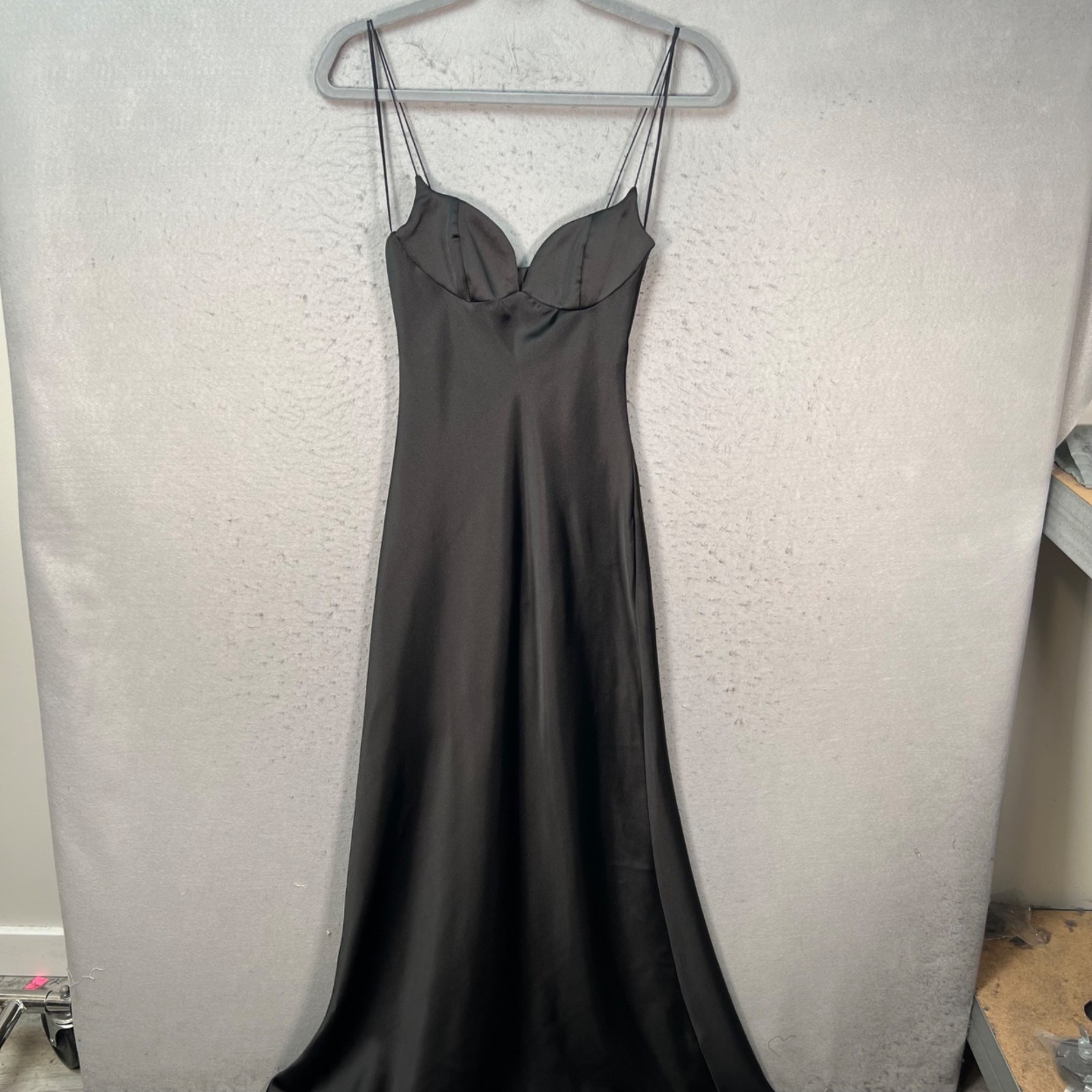 Zara Size XS Black Satin Maxi Slip Dress Spaghetti Straps & Sweetheart Neckline