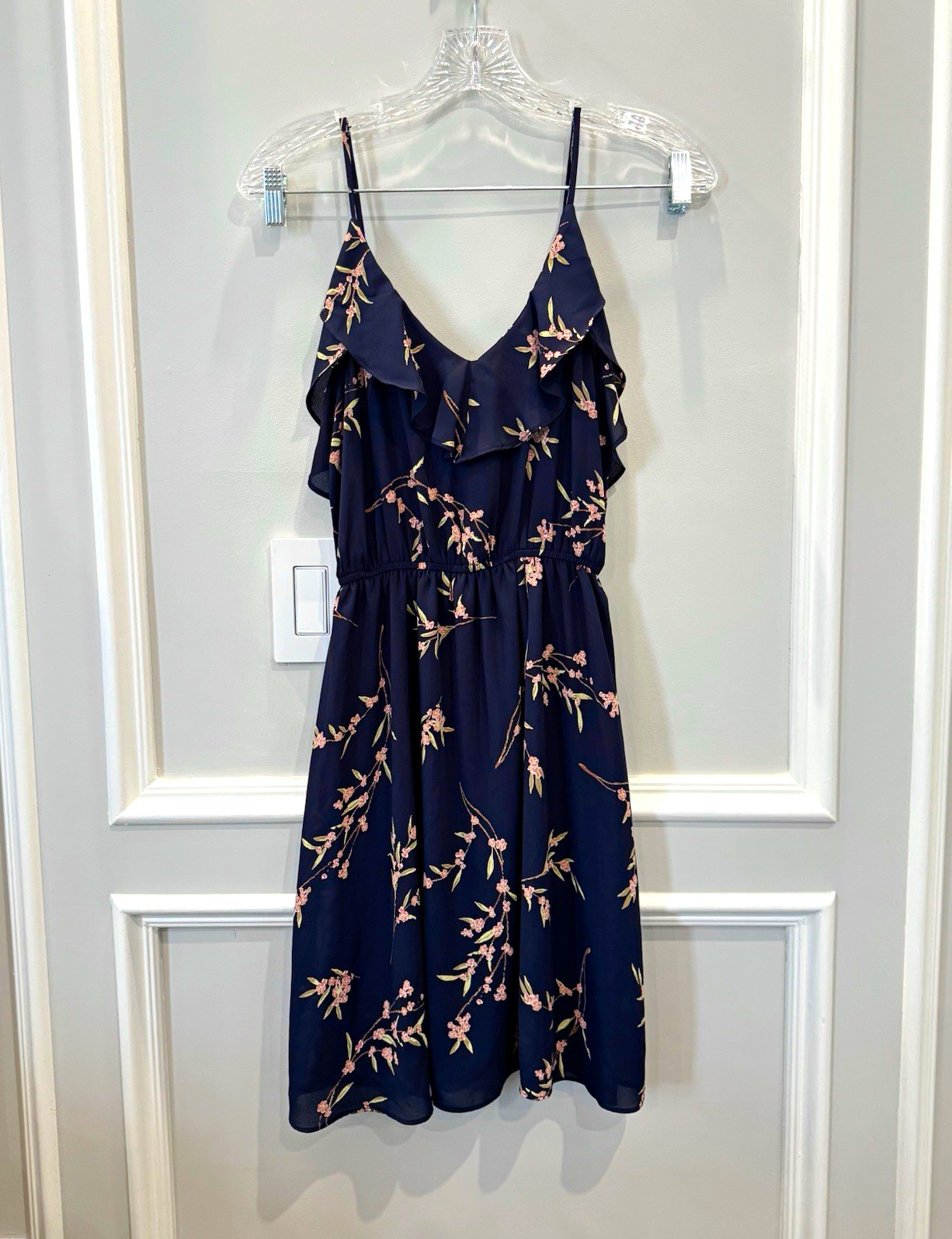 AQUA Bloomingdale’s Navy Blue Floral Ruffle Dress Pink Cherry Blossom XS