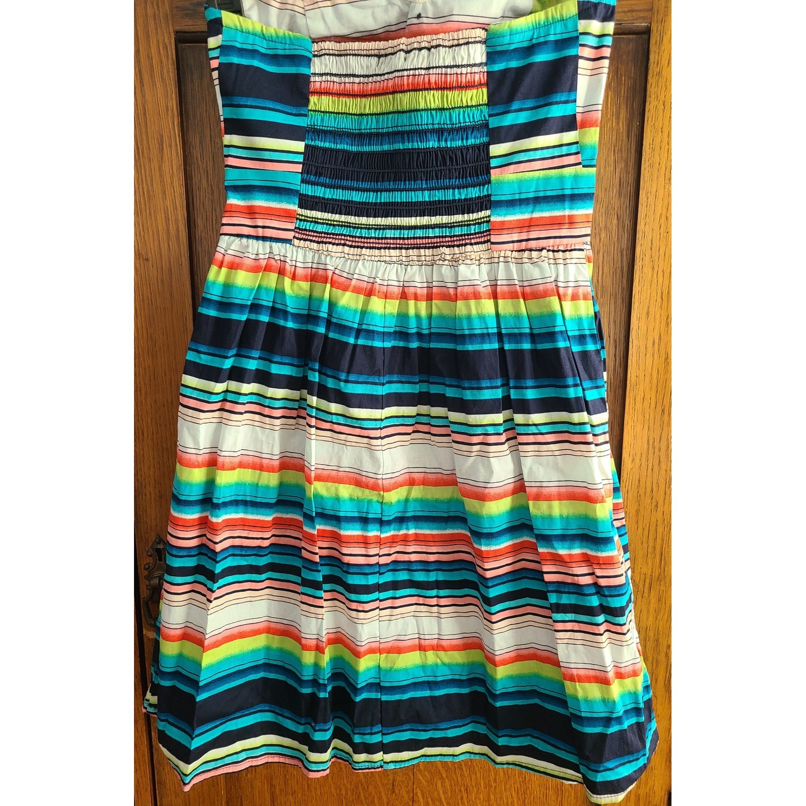 Be Bop Strapless Multi Color Striped Sun Dress Sweetheart Neckline Smocked Small