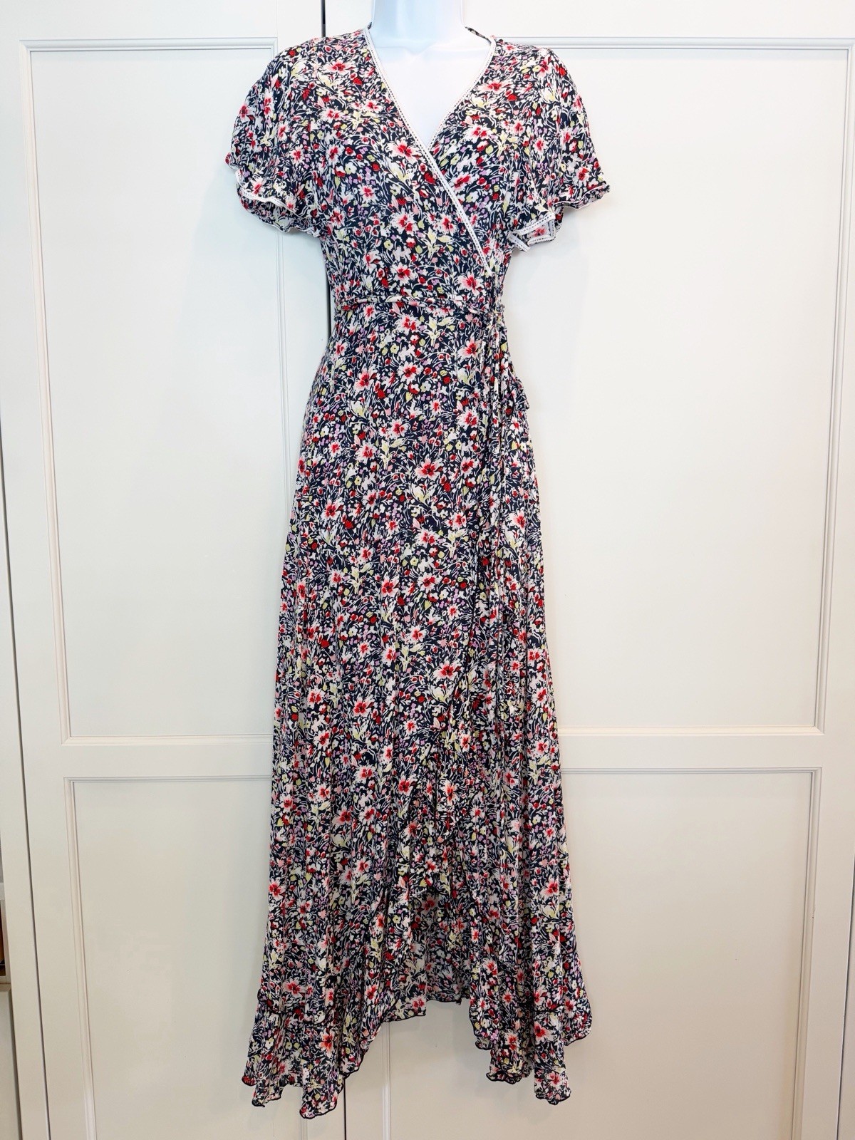 Poupette St Barth Joe Wrap Maxi Dress in Navy Pink Floral Flutter Sleeve Size M