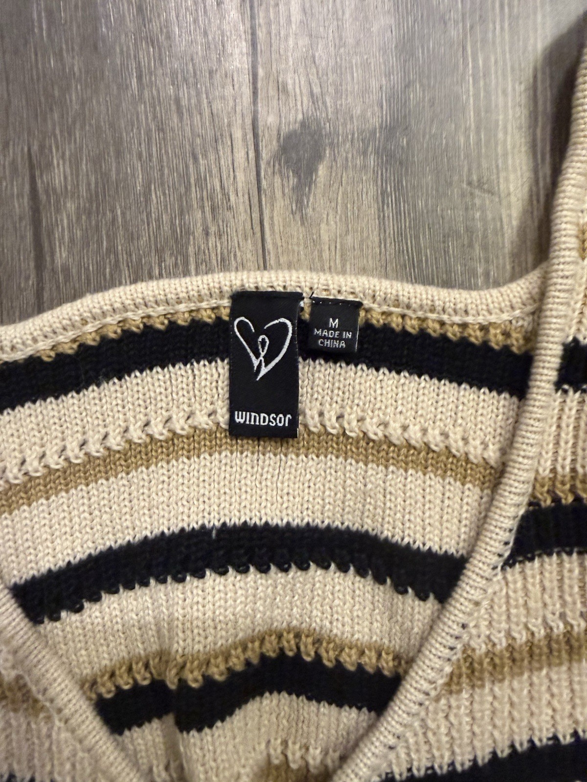 Windsor Knit Bodycon Midi Dress Striped Cutout Back Beige Black Size M