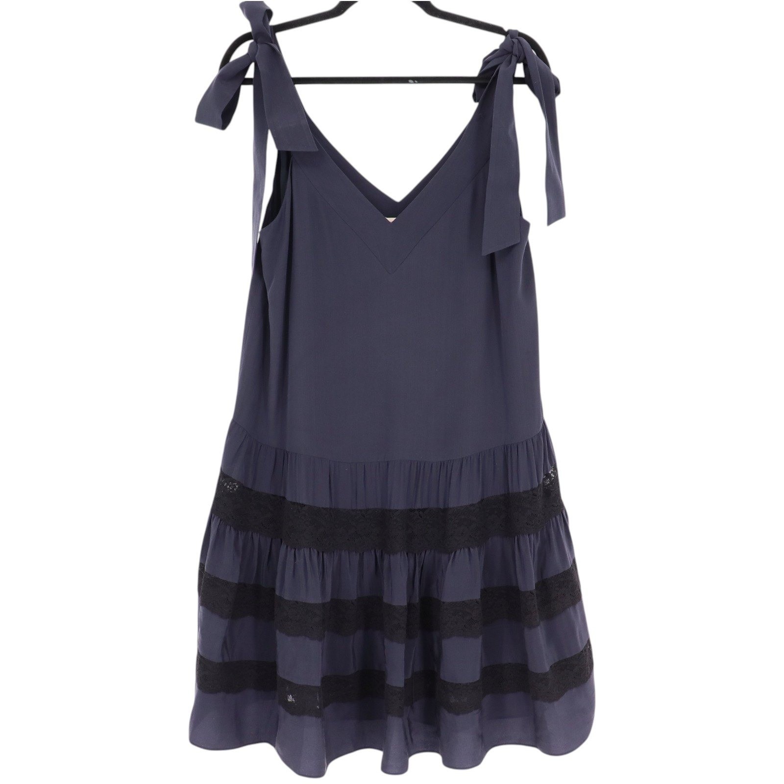 Rebecca Taylor Womens Navy Blue Silk Tiered Lace Trim Dress Size 10 Tie Shoulder