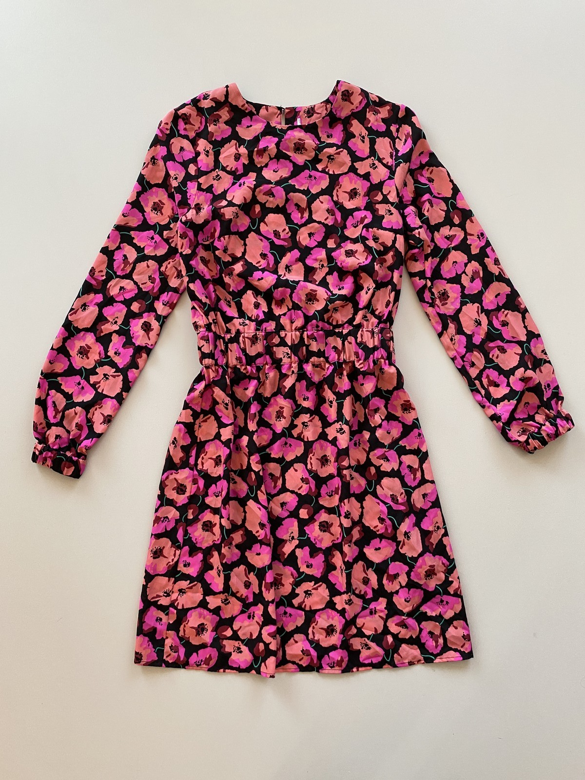Warehouse Floral Midi Dress Black Pink Long Sleeve Elastic Waist UK 6 US 2