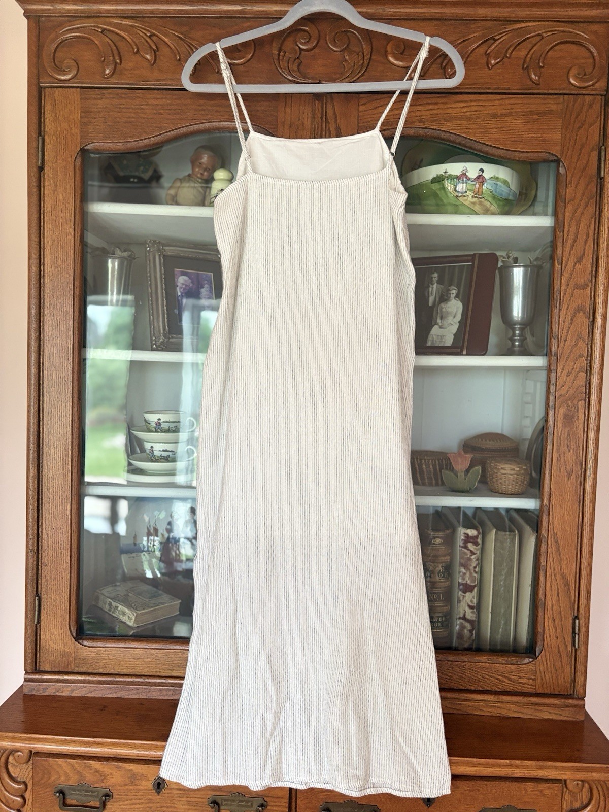 MOD REF SIZE SMALL WOMEN IVORY PINSTRIPED SHEER BOTTOM STRAPPY SUMMER DRESS