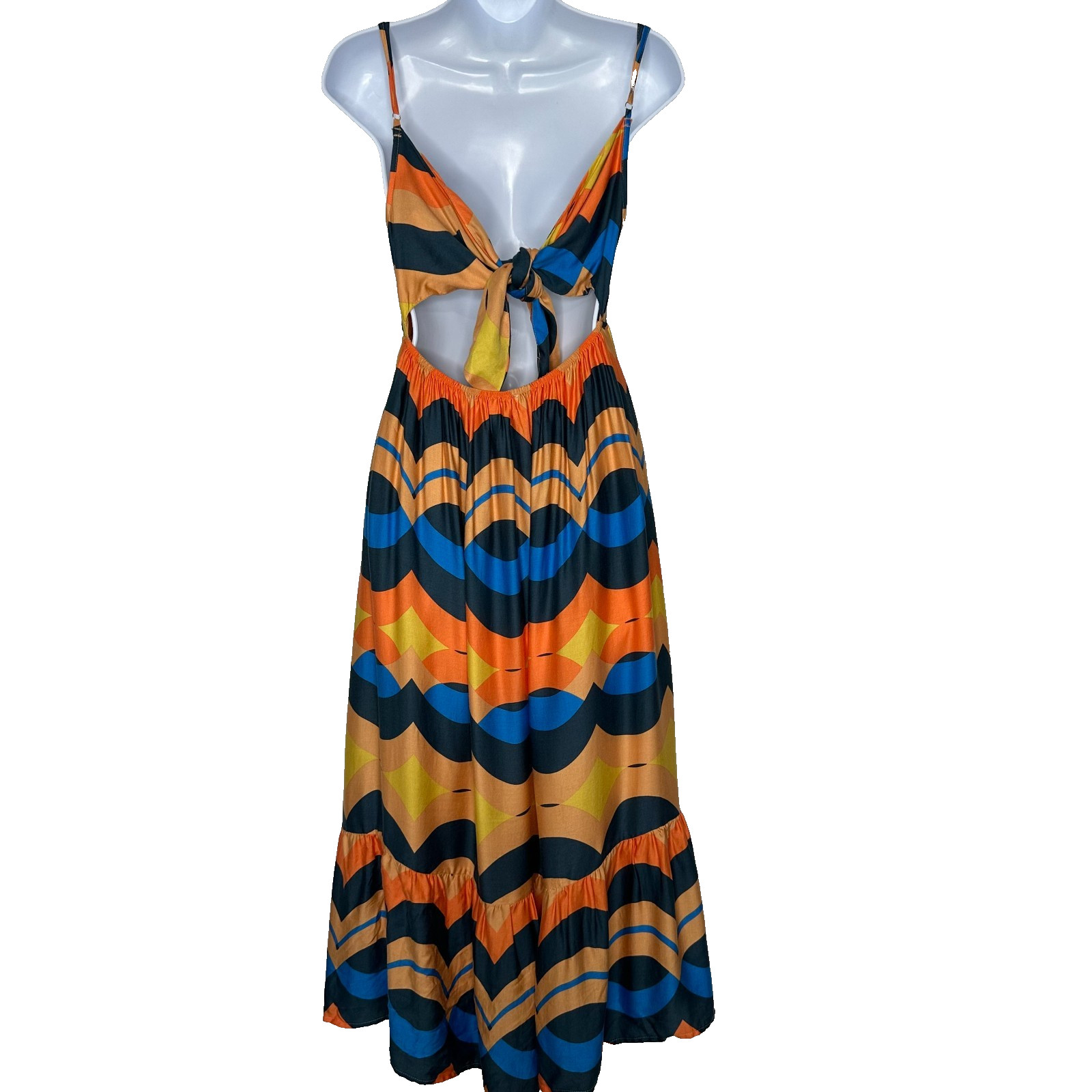 Olivaceous Tie Back Midi Dress Womens Size M Chevron Orange Blue Tiered Boho