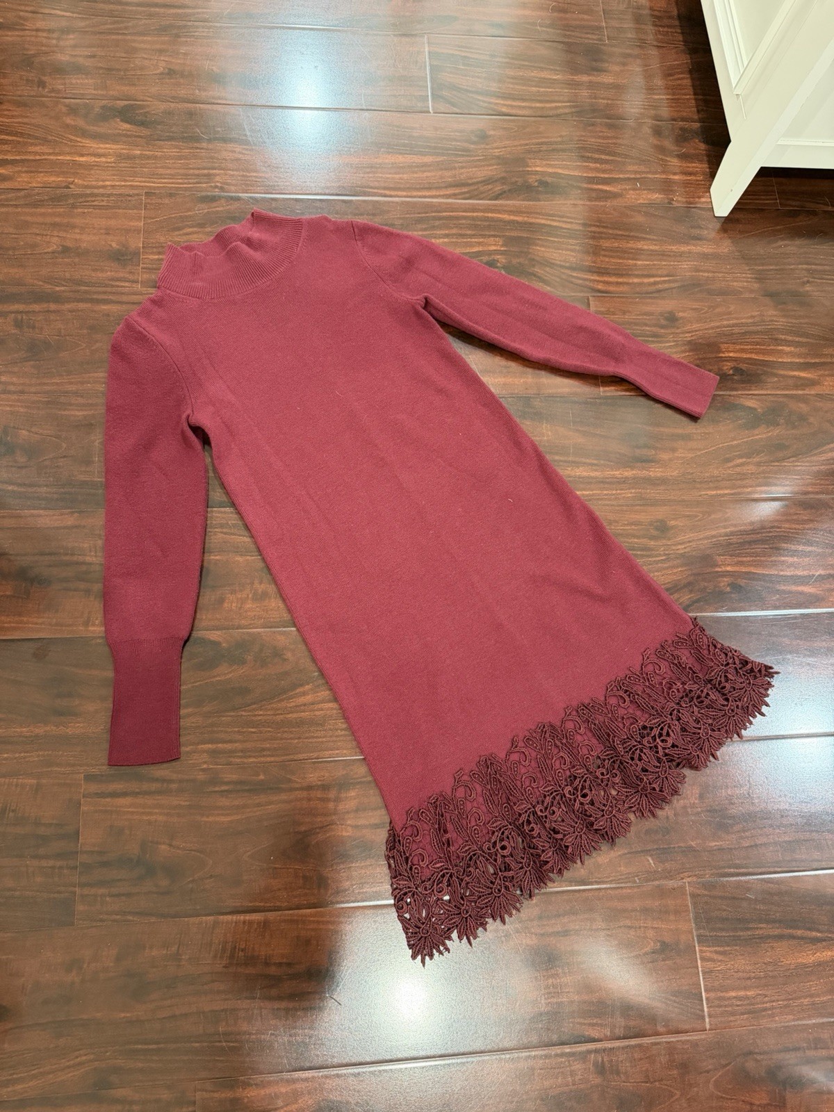 Ann Taylor sweater dress with lace detailing small petite red
