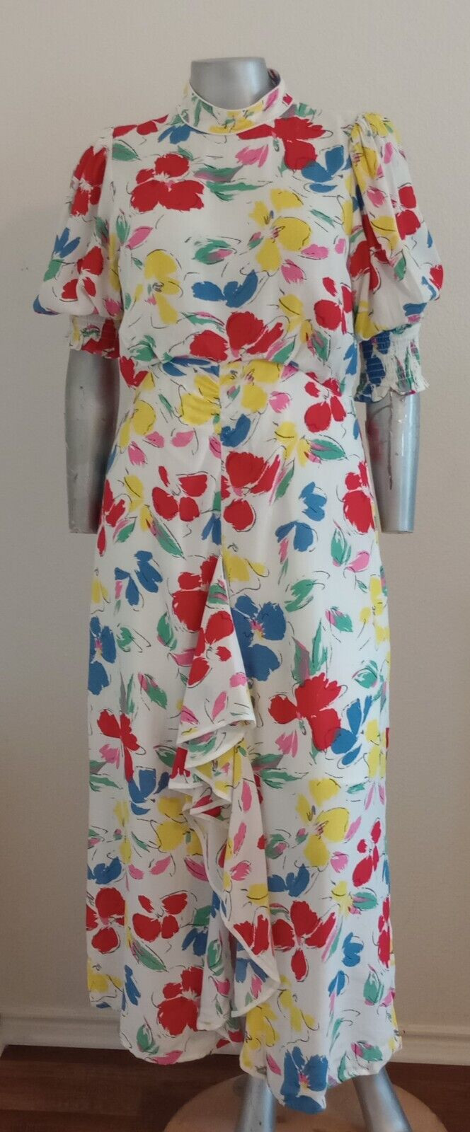 NWT WOMAN RIXO MAXI CASCADE RUFFLE DRESS Size 14 Mock Neck Puff Short Sleeve
