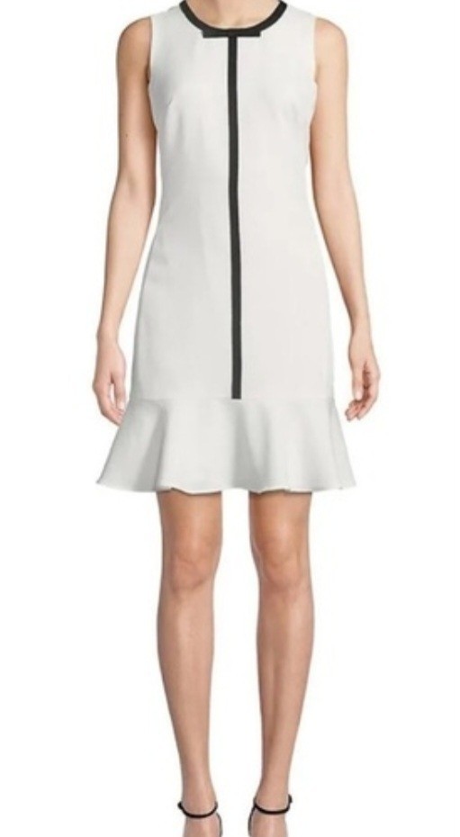 Karl Lagerfeld White Ruffle-Hem Dress, Black Contrast Trim, Bow at neck, Size: 4