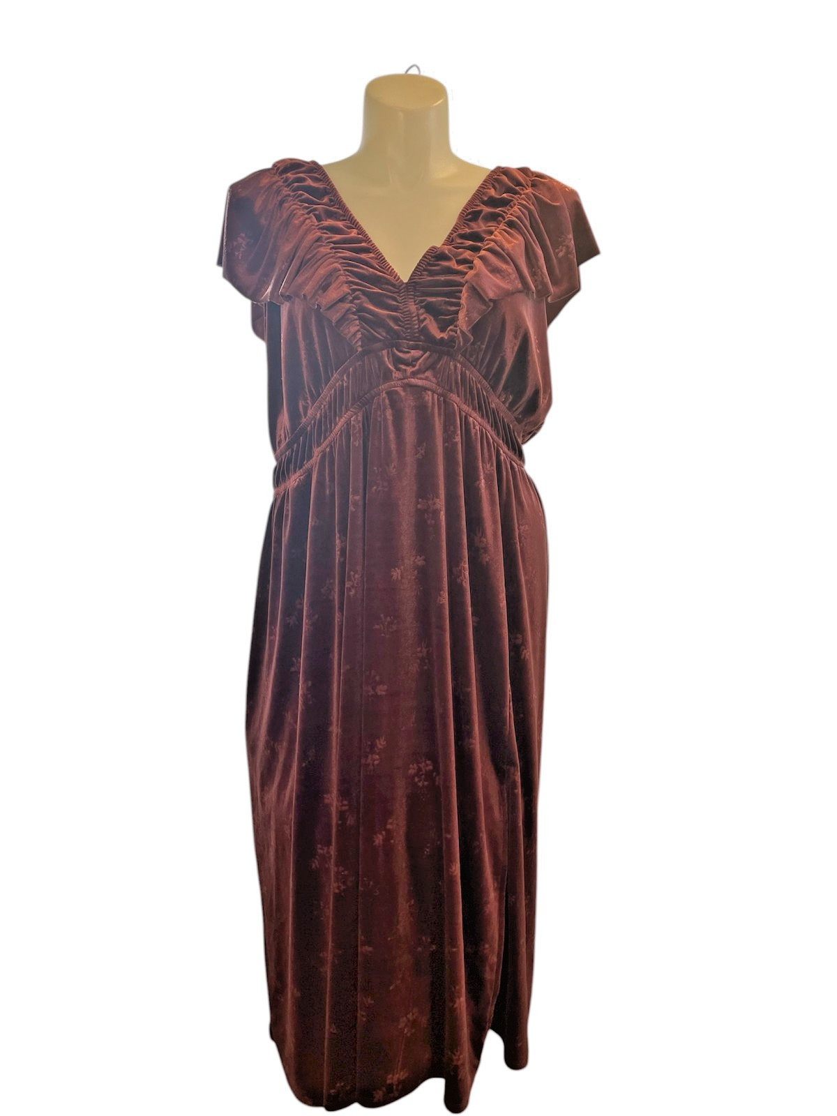 Dress 3X Brown/Burgundy Velvet Floral Midi Babydoll Boho Whimsigoth Romantic NWT
