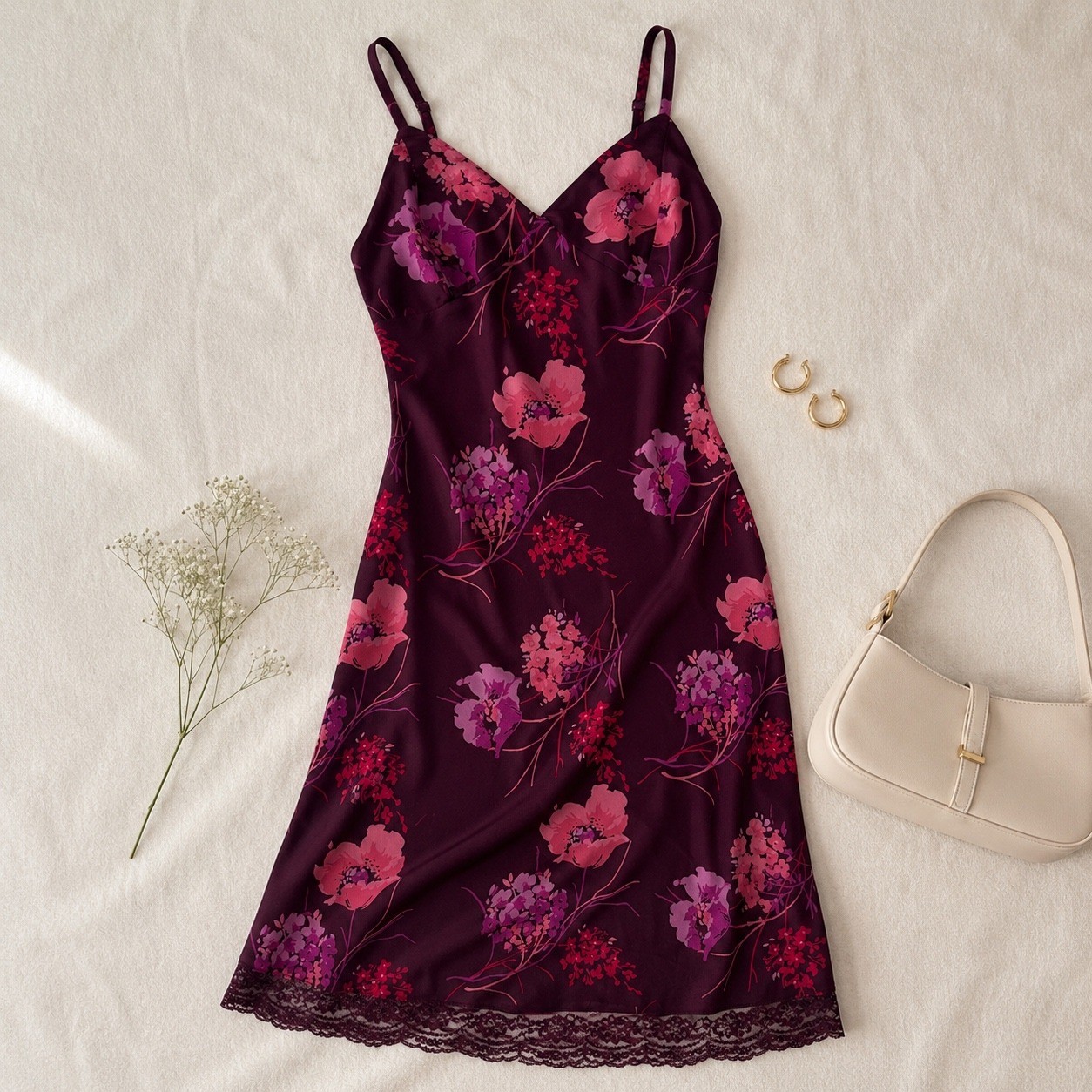 Y2K Express Floral Lace Hem Midi Slip Dress Plum Pink Romantic Cottagecore