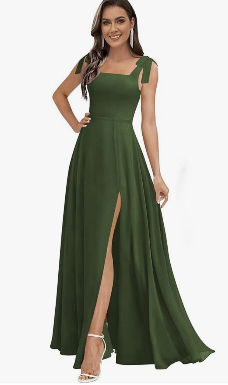 Chiffon Slit Bridesmaid Dress w/Bow Square Neck Formal Party Gown w/Pockets 2025