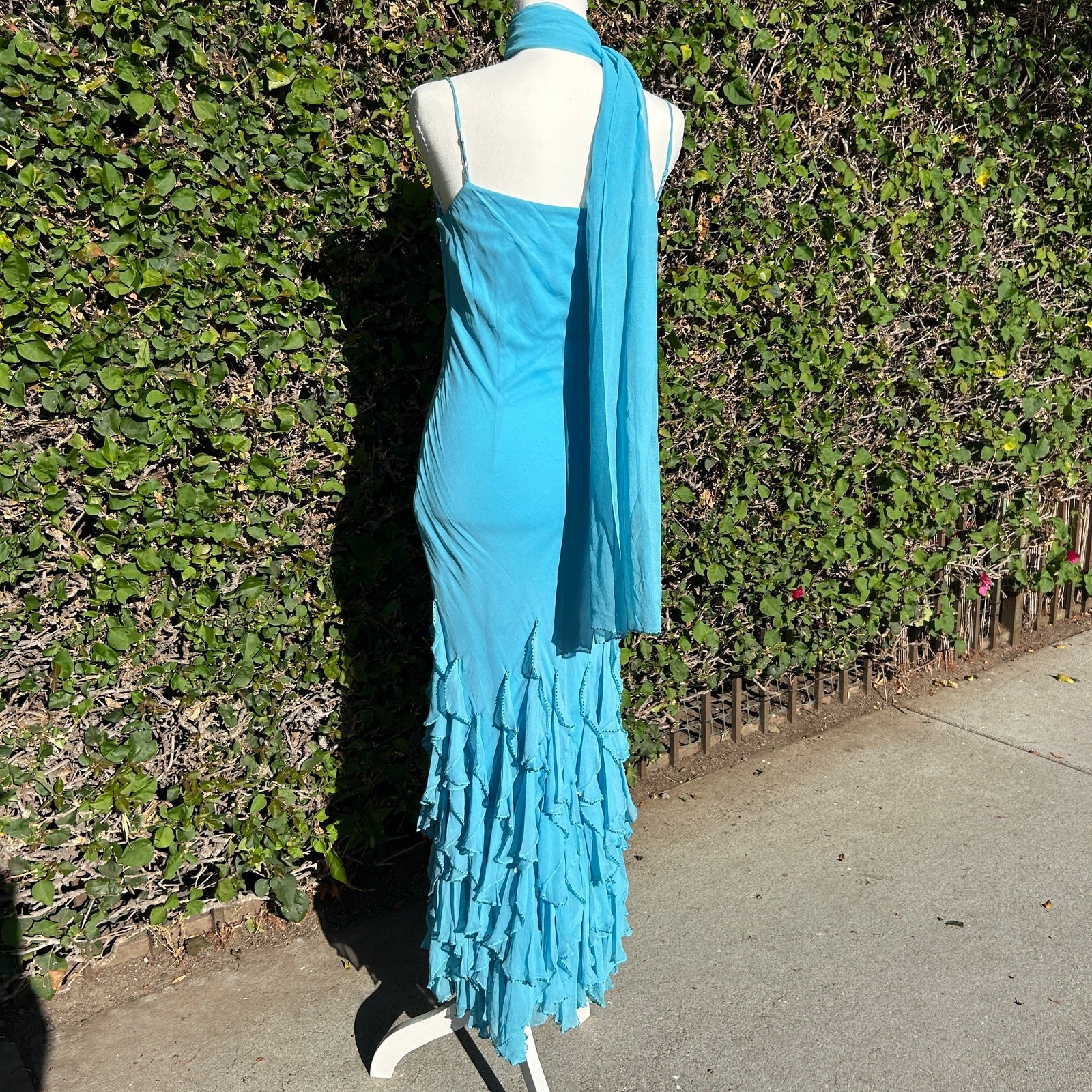 VTG Y2K Turquoise Blue Silk Beaded Asymmetrical Hem Dress w/ Matching Scarf S