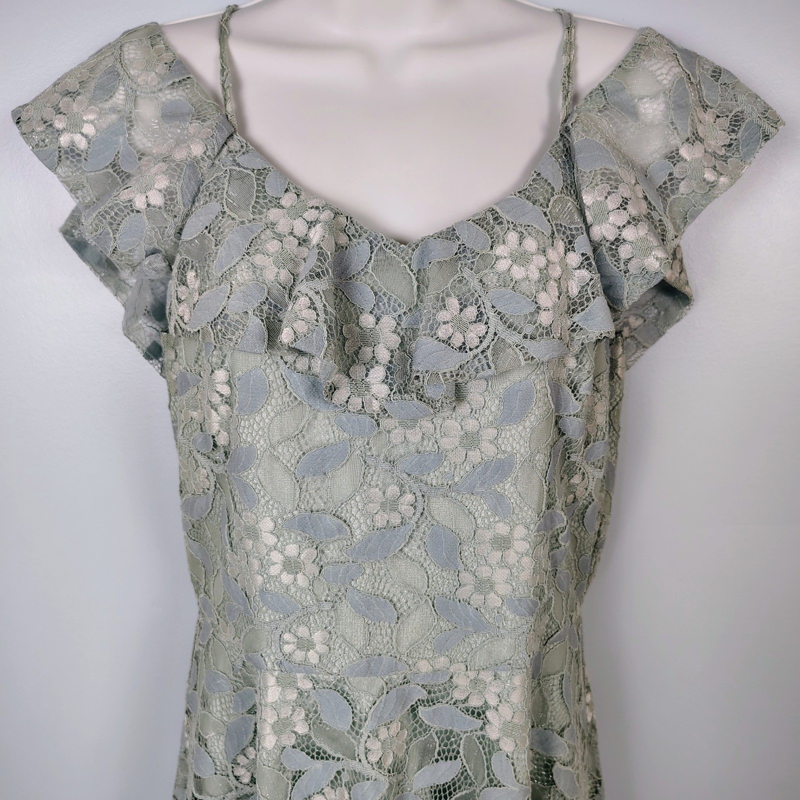 Sage Green Floral Lace Ruffle Cold Shoulder Fit and Flare Dress Med peasent