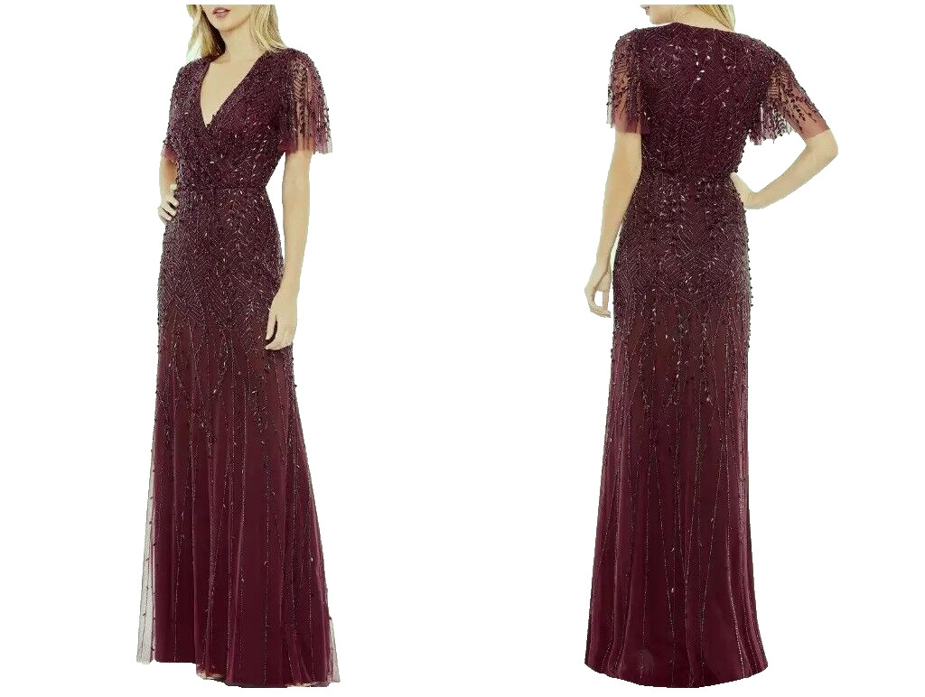 Mac Duggal Aubergine Purple Beaded Leaves Butterfly Sleeve Gown Size 6 $698
