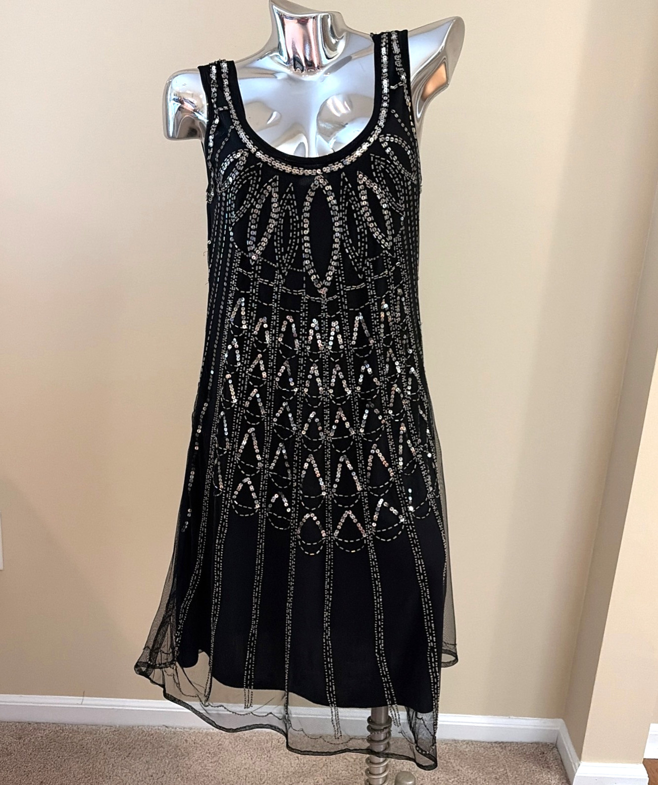 VTG Angie Sequin Flapper Dress Size M Black Beads Art Deco Gatsby Whimsigoth