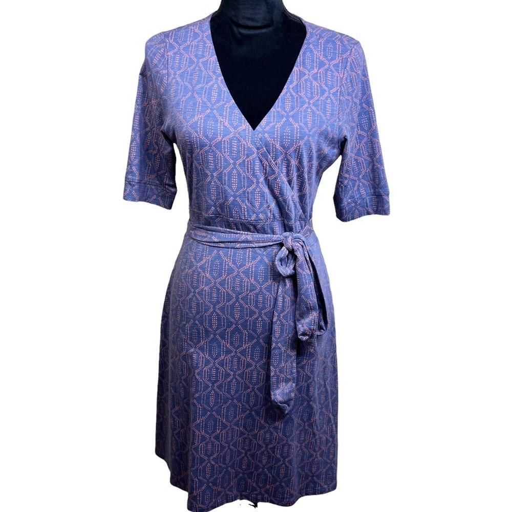 Toad&Co Women’s Cue Wrap Cafe Dress Blue Orange Size XS Minimalist Sustainable