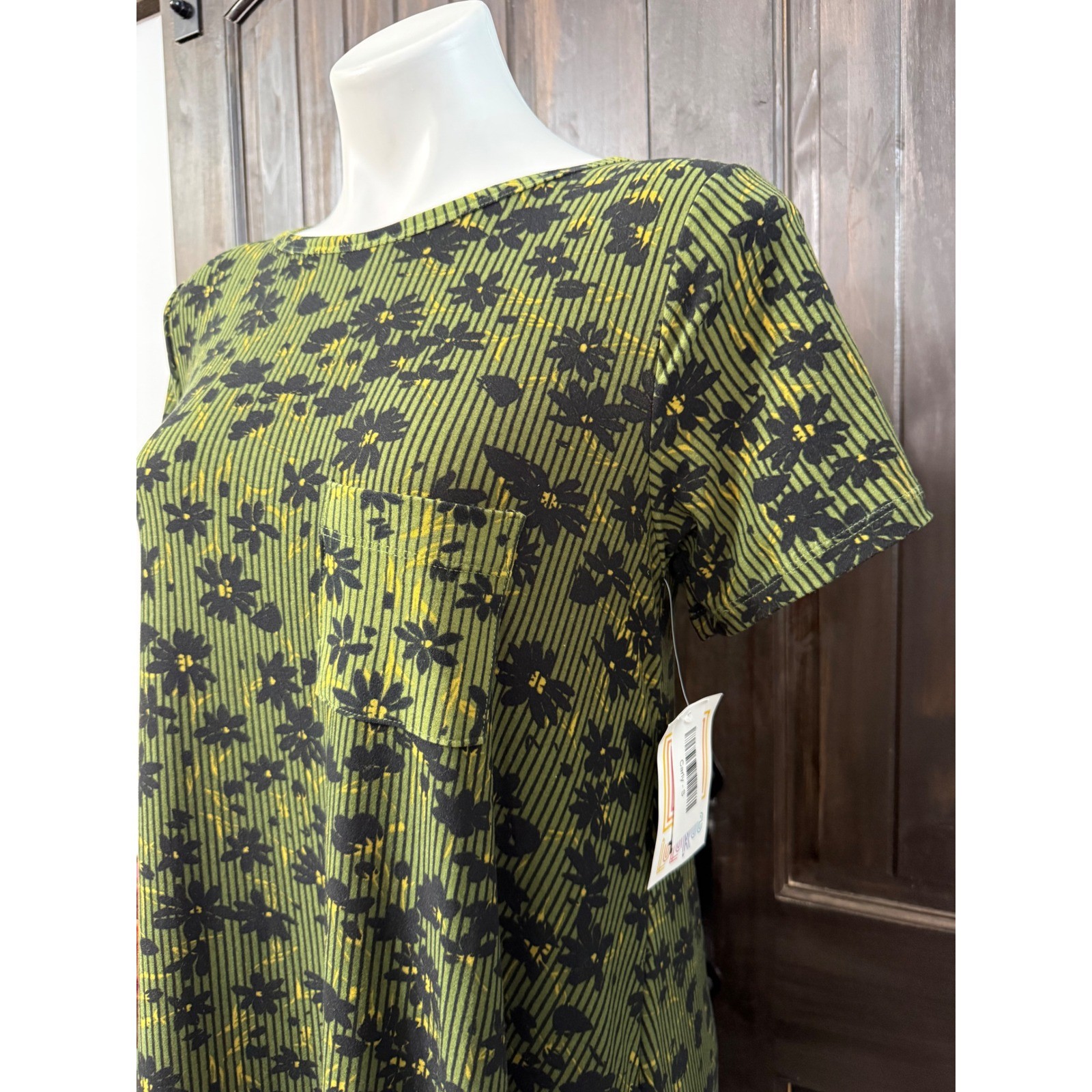 LuLaRoe Carly Dress Womens Small Green Black Floral Stripe High Low Pocket NEW