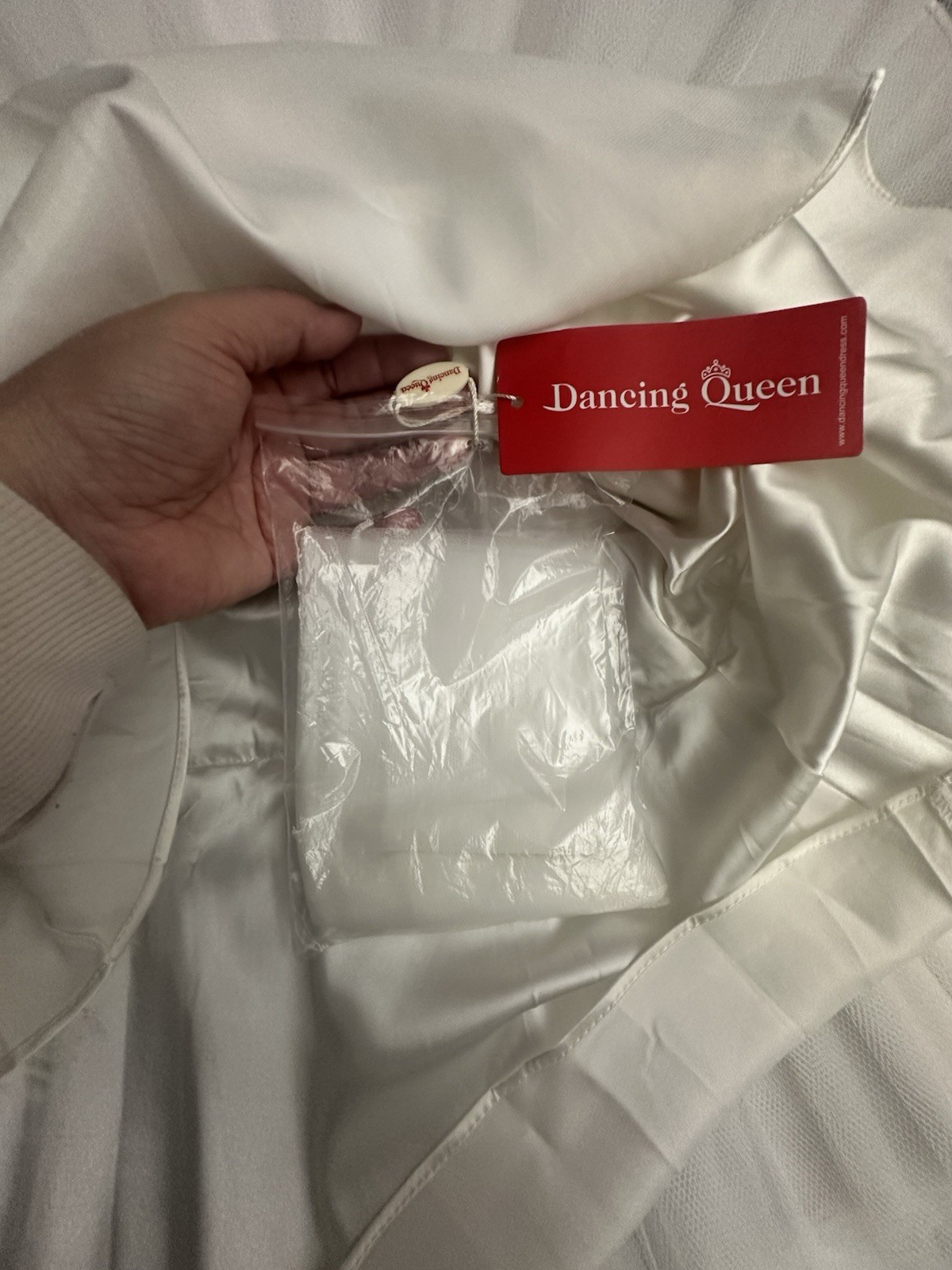 Dancing Queen White Satin Fit & Flare Short Dress Beaded Waist V-Neck Sleeveless