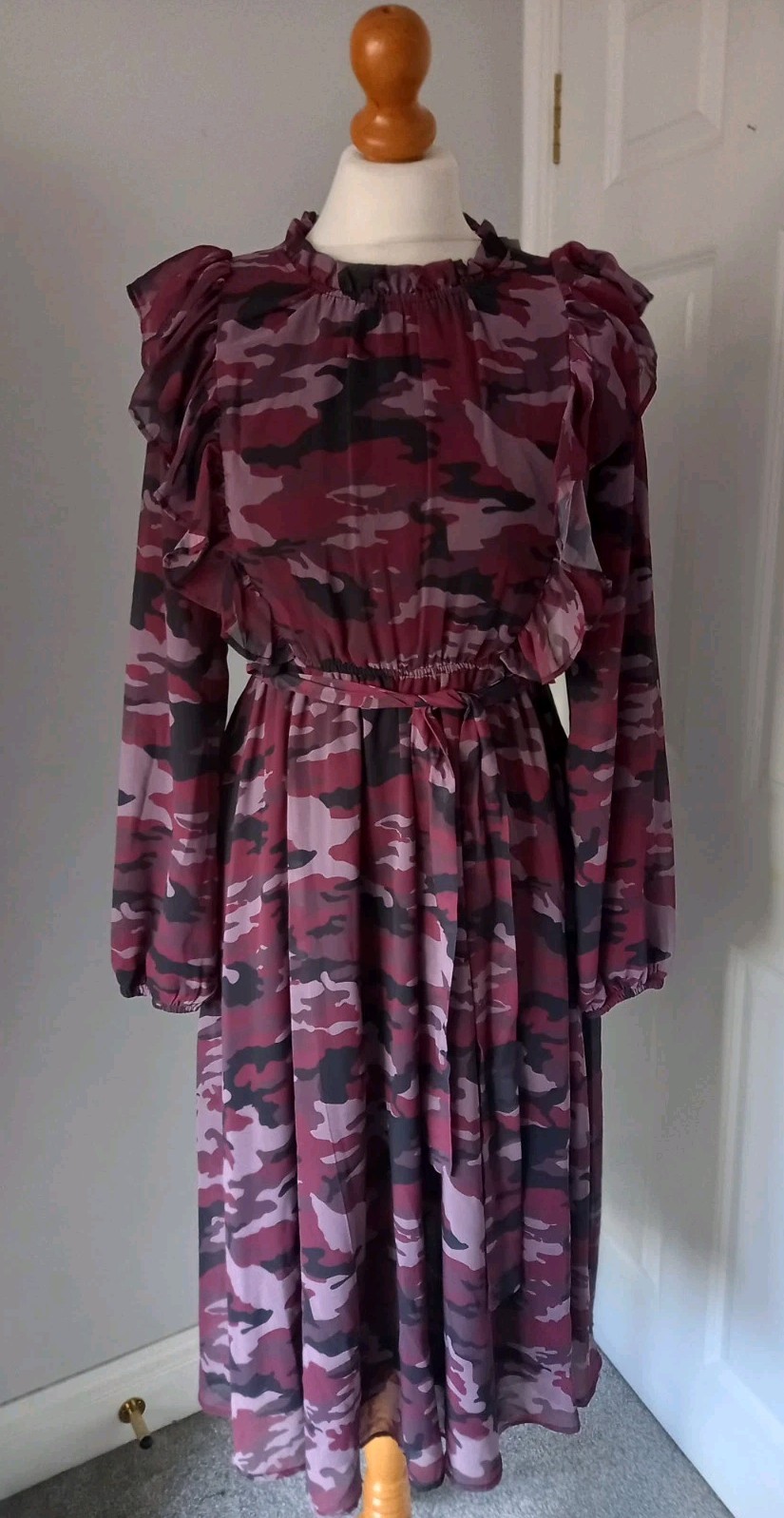 BNWT Purple Black Camouflage Print Ruffle Sleeve Secretary Tea Dress Uk 8 10