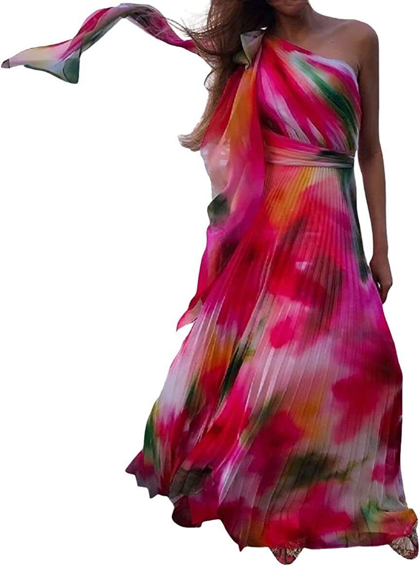 Women’s Chic One Shoulder Tie-Dyed Pleated Accordion A-Line Maxi Long Dress