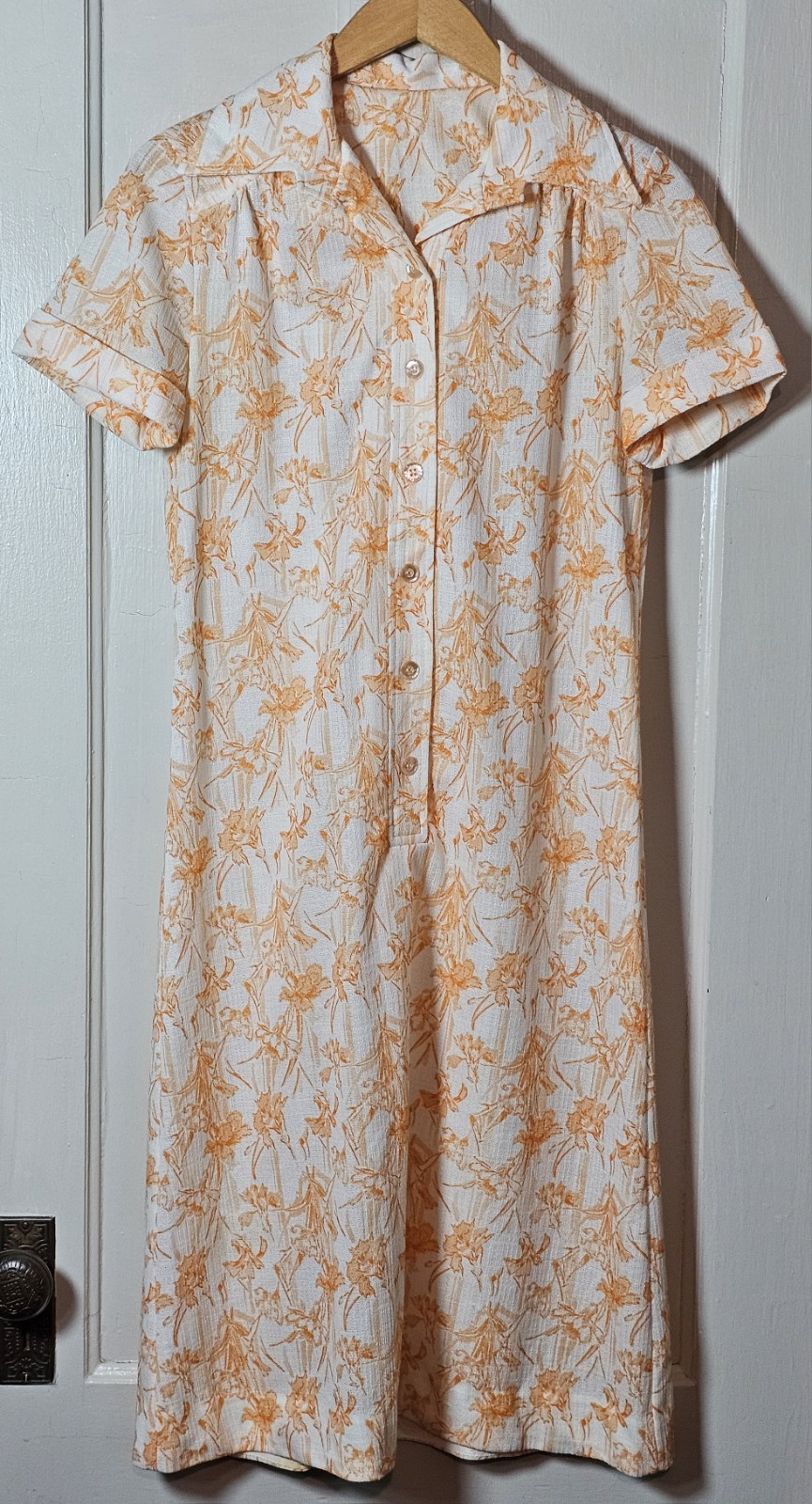 VTG Dress Unionmade S/M Orange White Floral Daffodils Cottagecore Buttons City