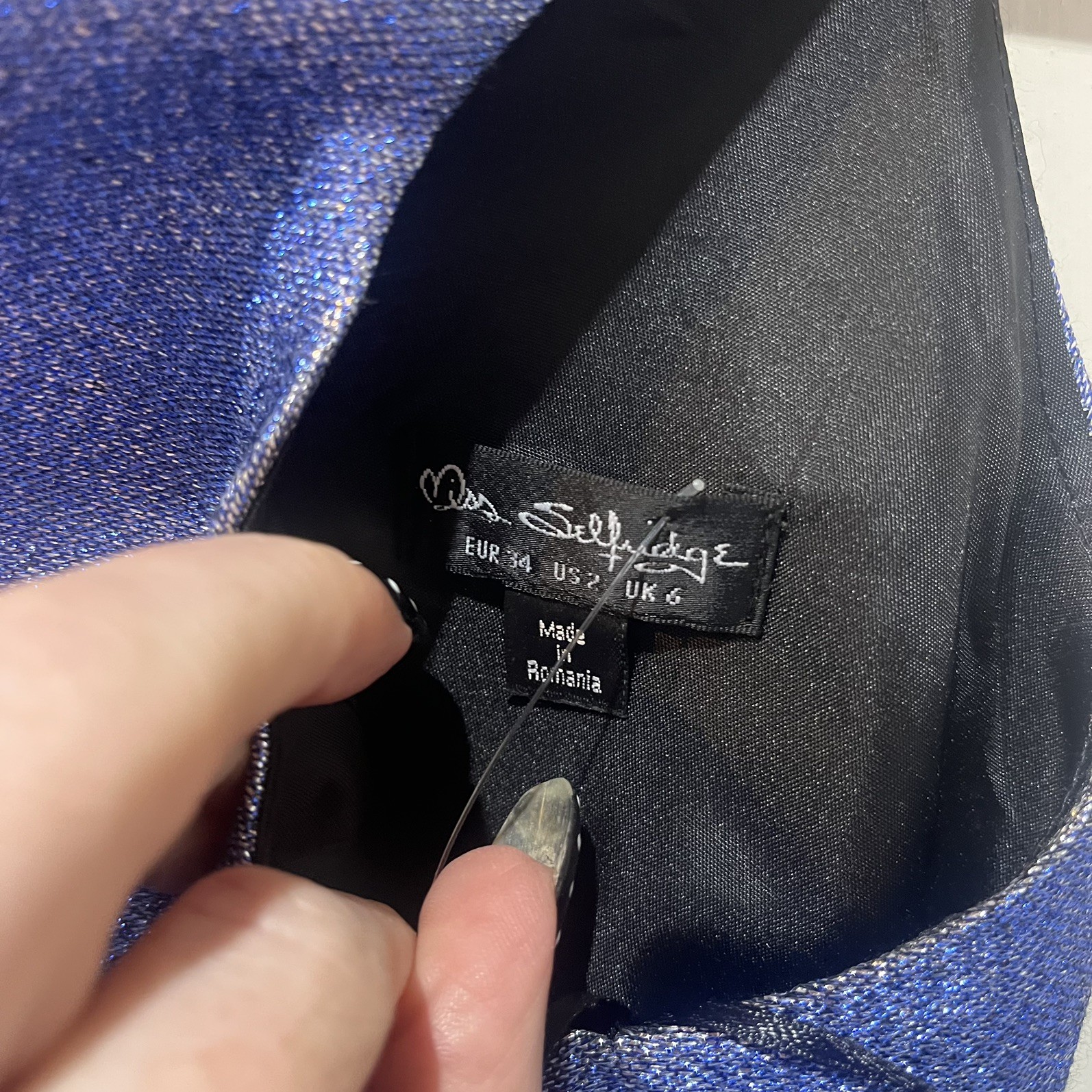 MISS SELFRIDGE – Size 6 UK – BLUE METALLISED SPARKLY cut out DRESS rrp was £55