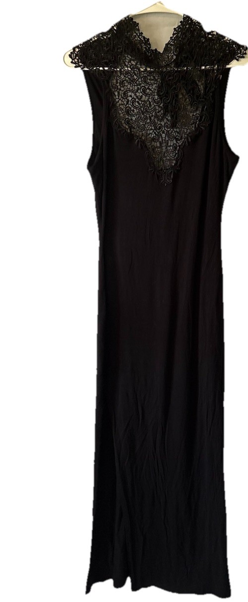 Nella Fantasia Black Maxi Dress Large L Lace Mock Neck Bodycon Side Slit Cutout