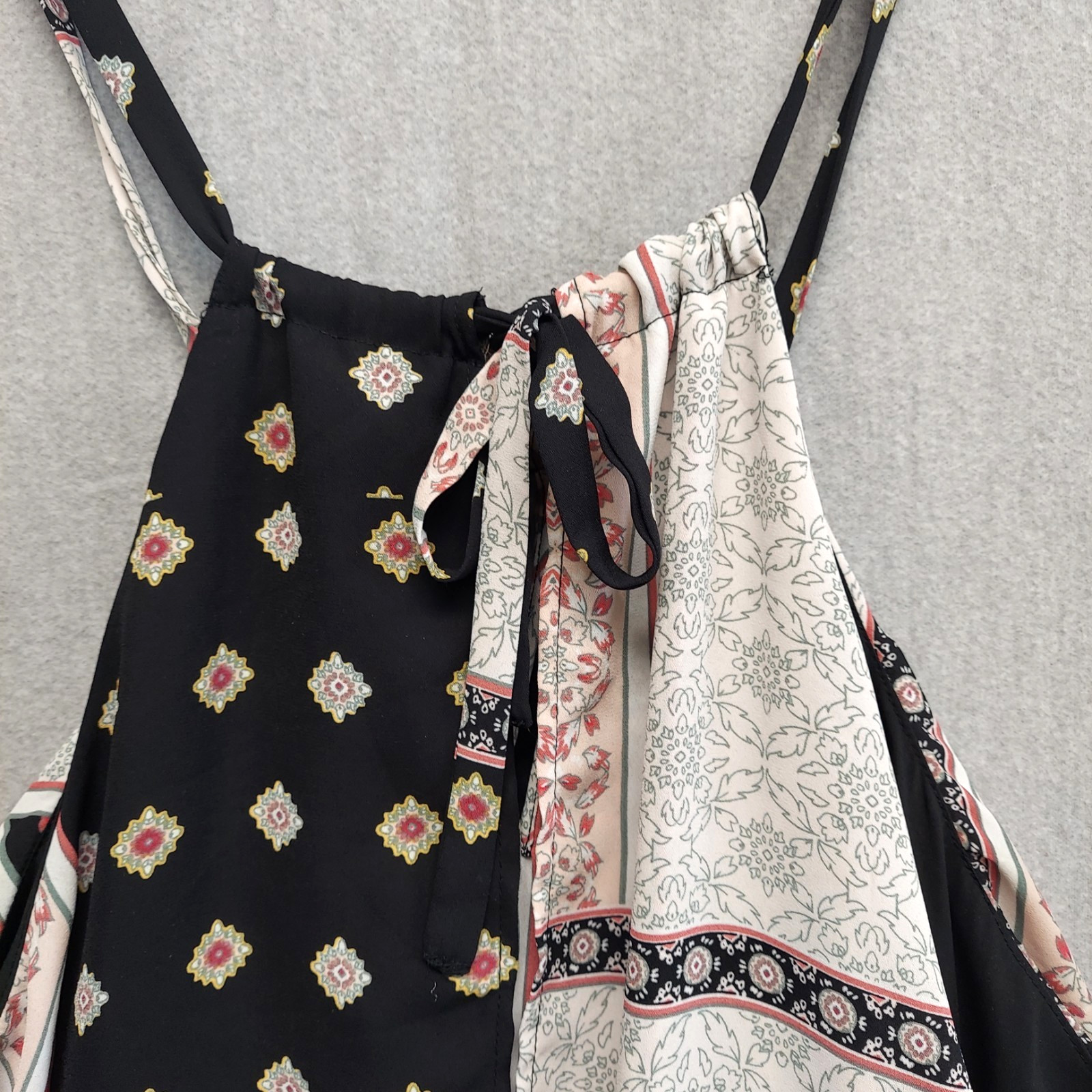 New York & Company Asymmetric Patchwork Maxi Dress M Boho Tie Neck Cape Overlay