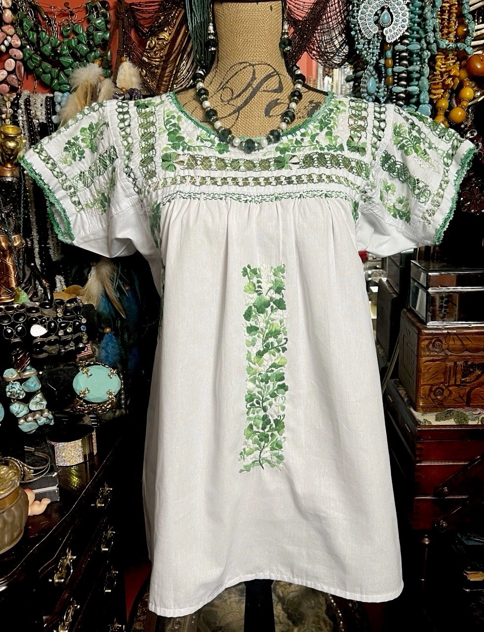 Gorgeous Oaxaca Tunic In White With Multi Greens Embroidery White Crochet Sz L