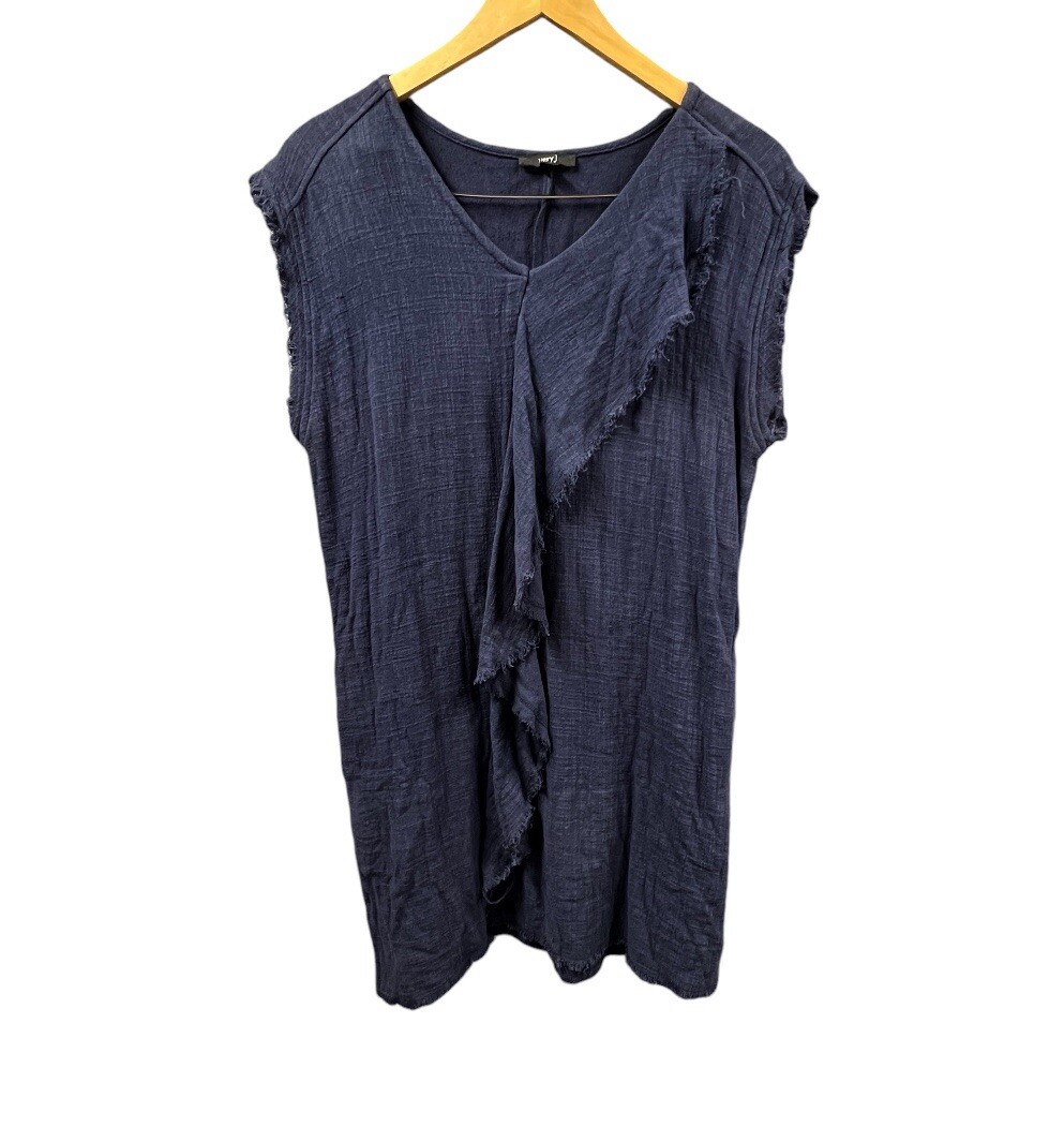 Very J Dress Womens Medium Blue Fray Hem Pullover Ruffled Short Sleeve Cotton