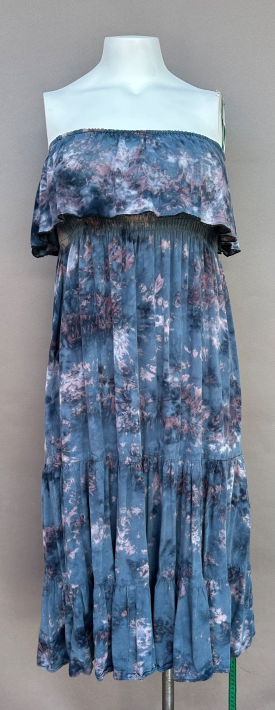 Blue Tie Dye Strapless Smocked Midi Dress M L Tiered Boho Ruffle Summer Beach