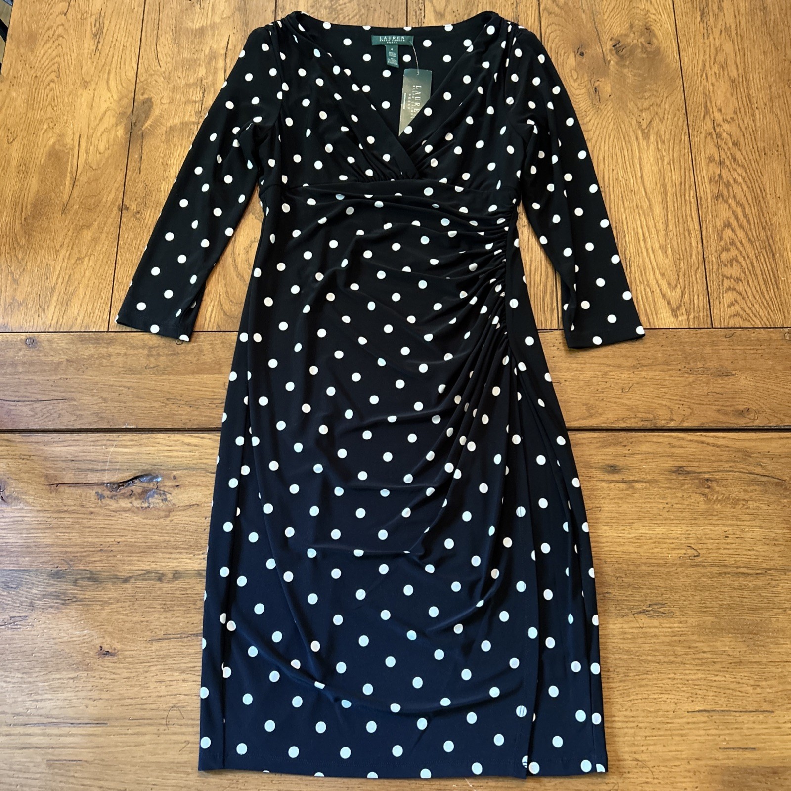 NWT Ralph Lauren Women’s Black Polka Dot Fitted Dress Rouched Waist Sz 4 V-Neck