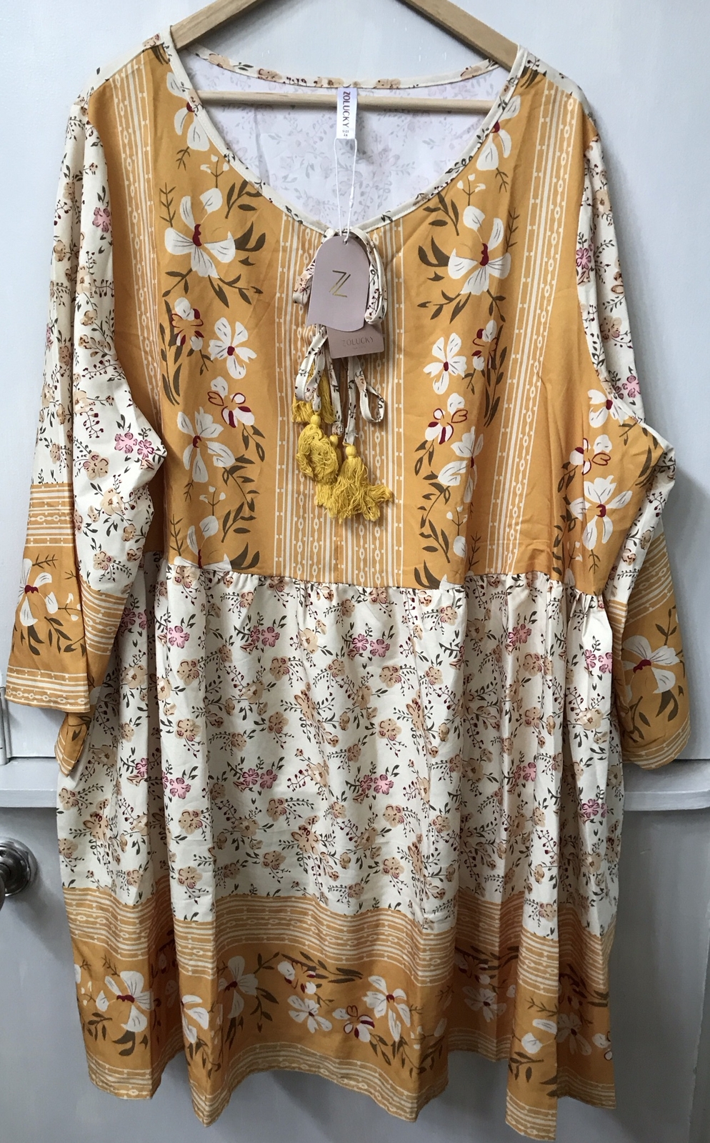 Zolucky Boho flowing peasant dress long baggy sleeves tassel ties Size 2X NWT