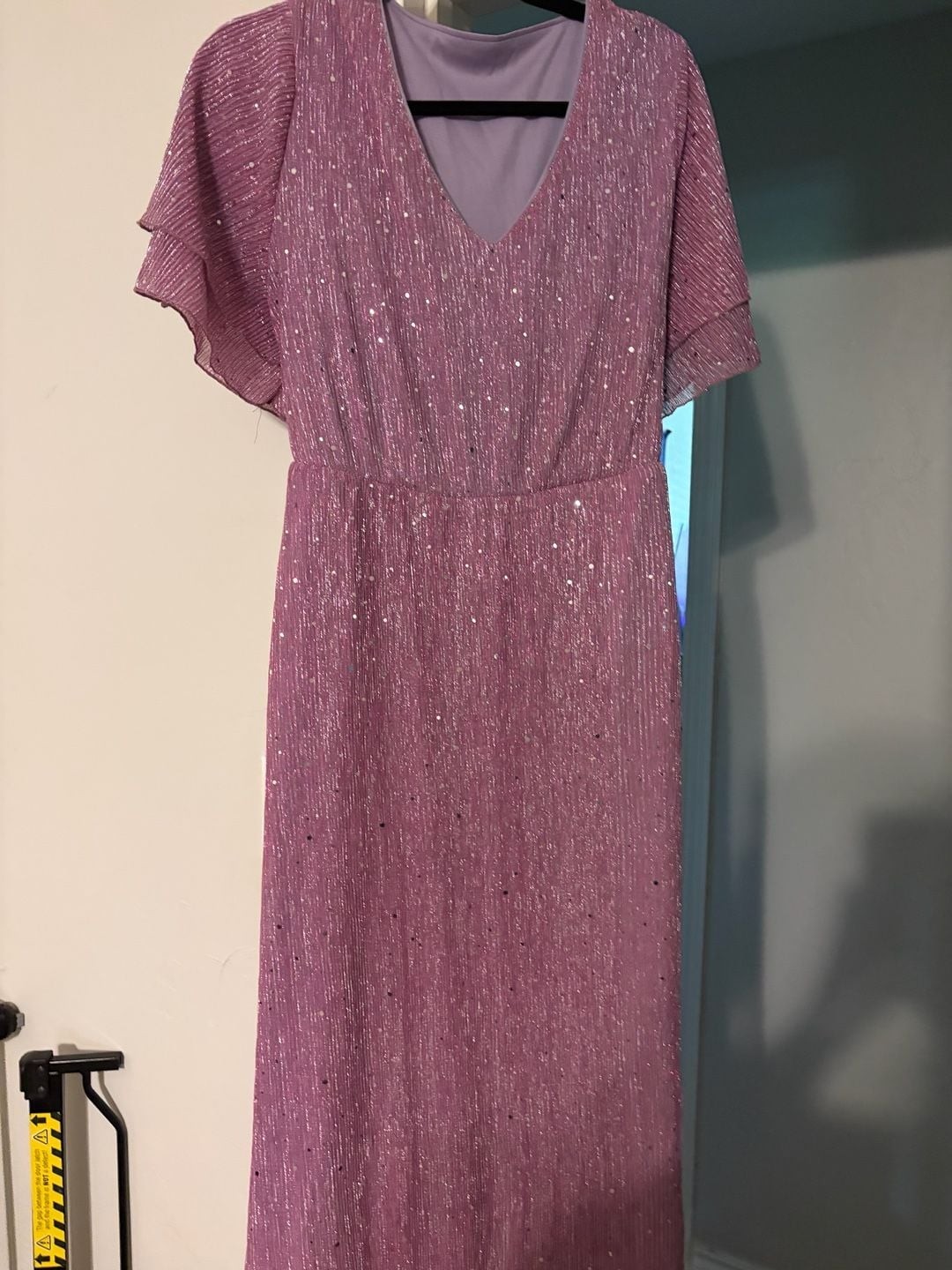 BloomChic V-Neck Metallic Pleated Ruffle Sleeve Maxi Dress